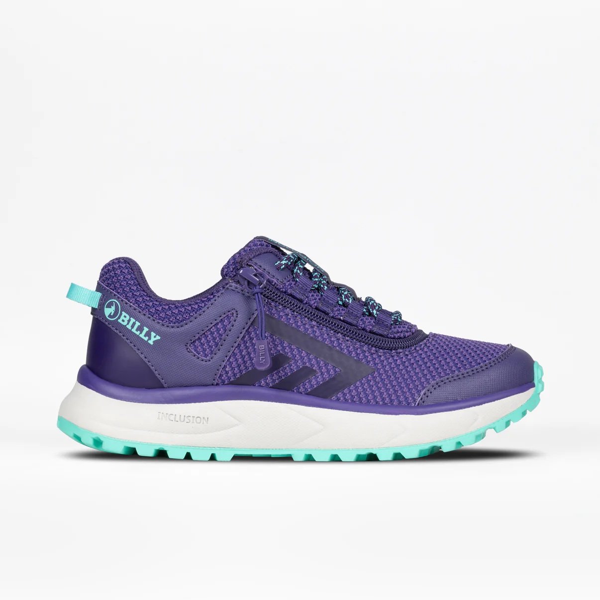 BILLY women's adaptive trail inclusion shoe in purple with mint green details and a white rubber sole
