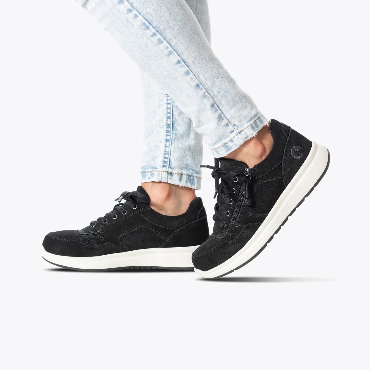 BILLY women's black suede adaptive comfort jogger shown a model wearing light denim
