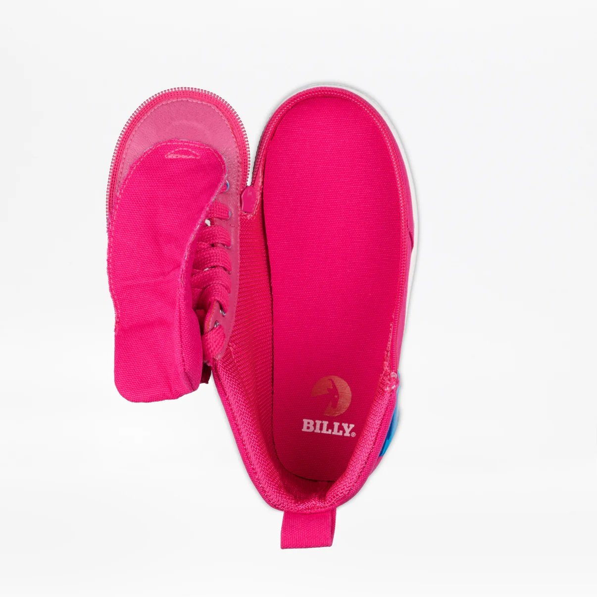 BILLY kids light up high top adaptive sneakers in bright pink shown from above with the wraparound zipper wide open for easy in/out