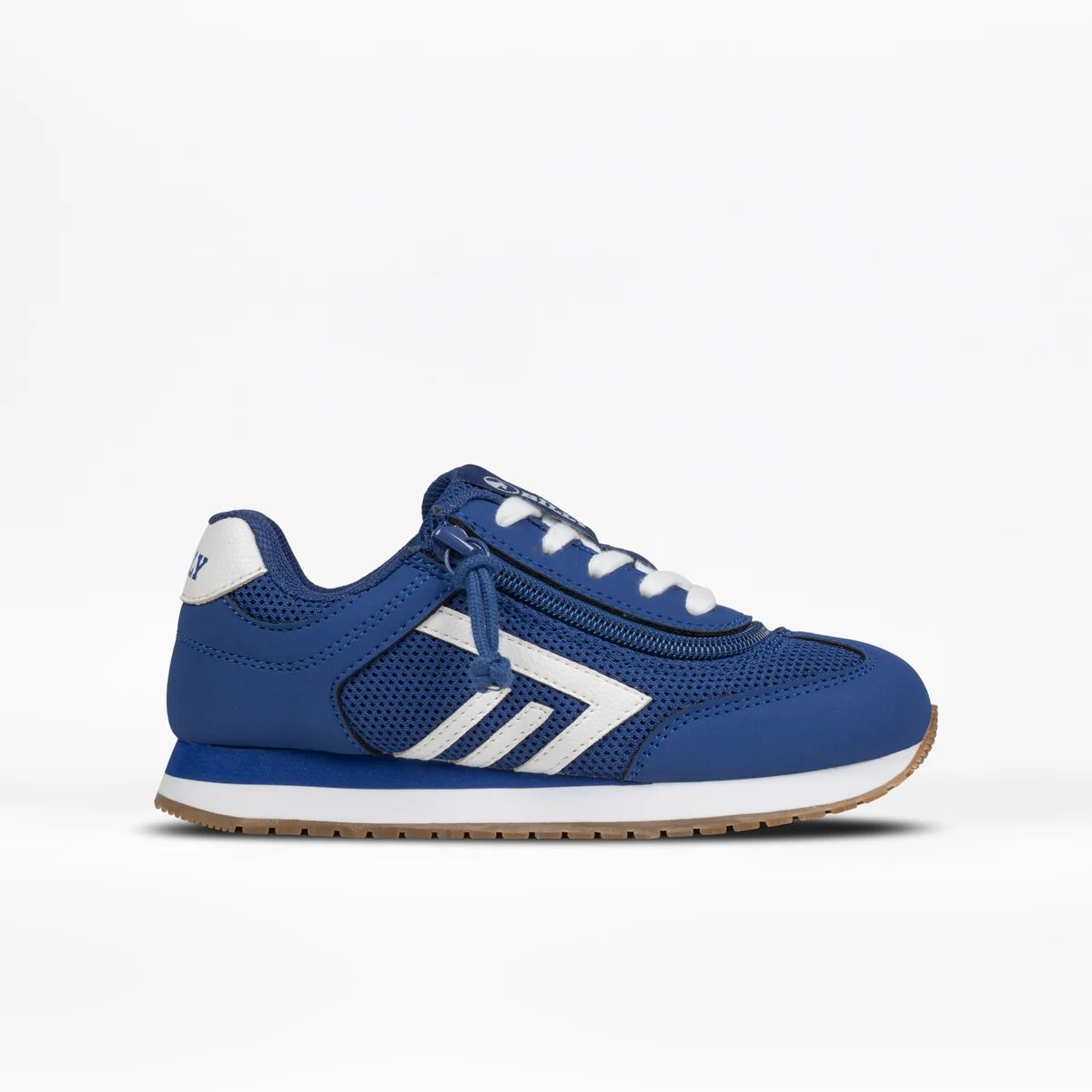 BILLY kids adaptive retro jogger sneaker in royal blue with white logo, white laces, a white leather block on the upper heel, white sole with tan brown rubber bottom