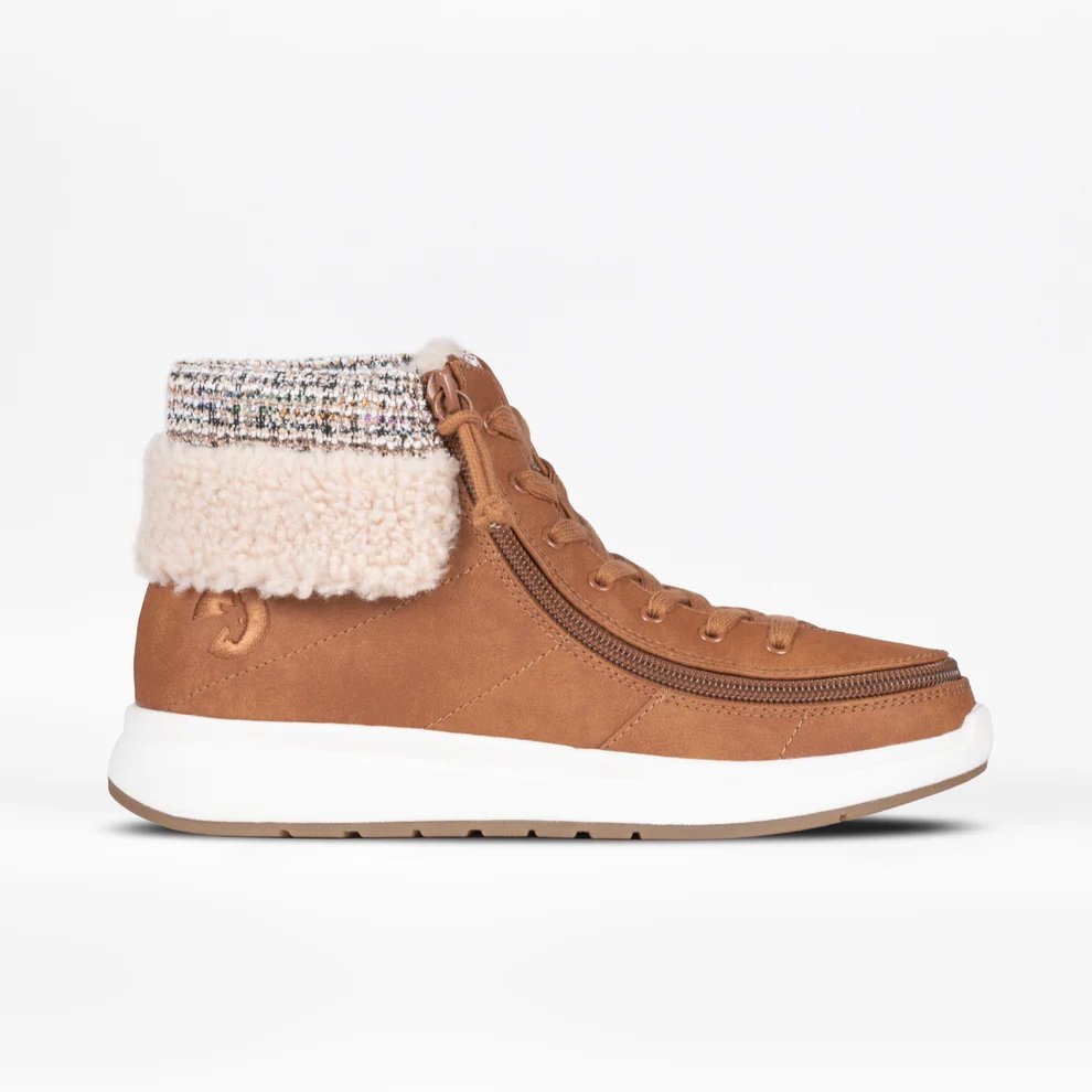 BILLY womens adaptive high tops in cognac faux suede with a flannel lining and fur collar