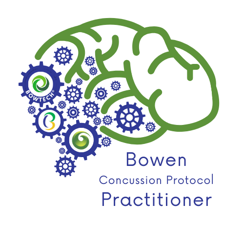 Logo with a green brain outline and blue gears, featuring the words 'Bowen Concussion Protocol Practitioner' and the PowTech logo.