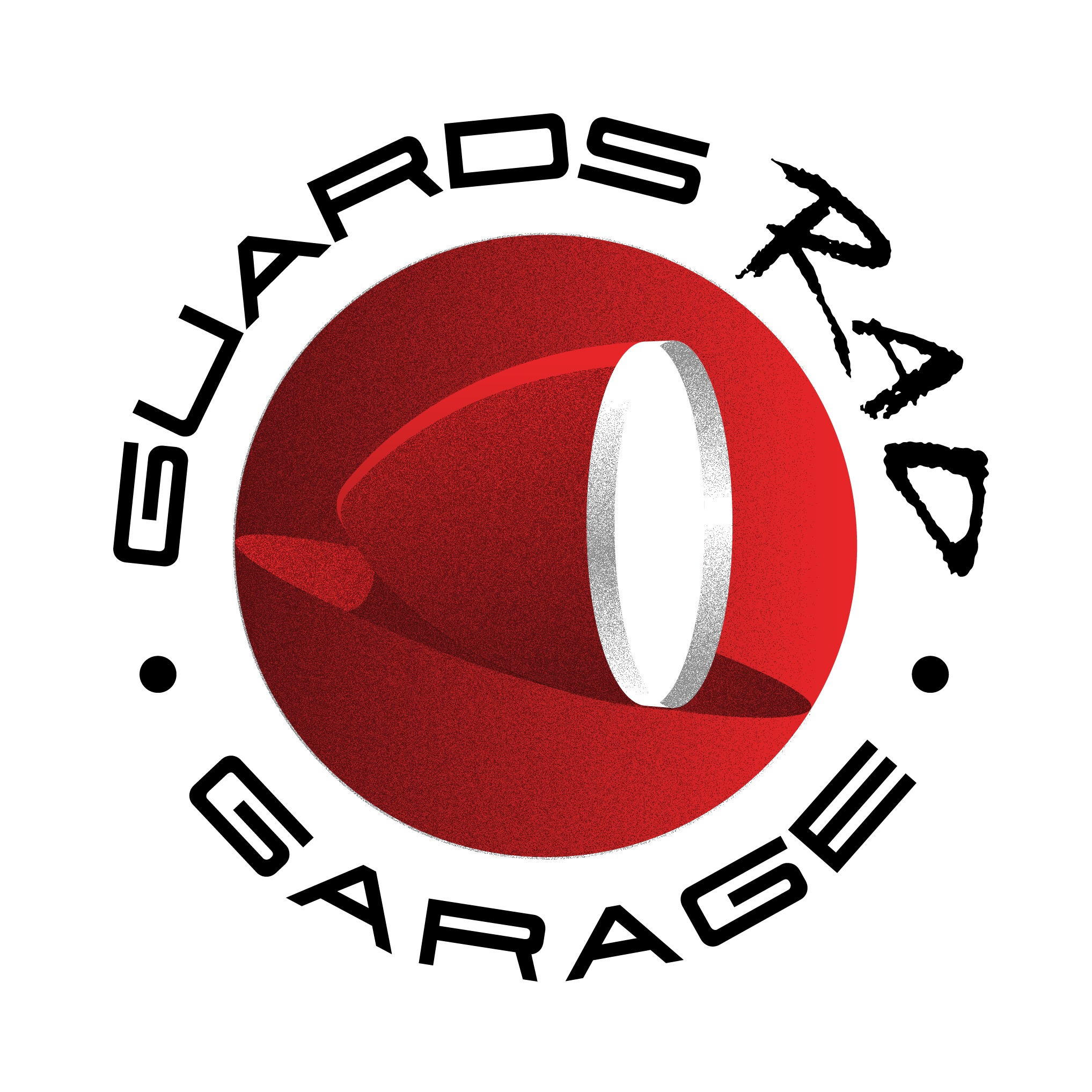 Close-up of a circular logo with the words "Guards Rad" and "Garage" around a red and white target symbol.