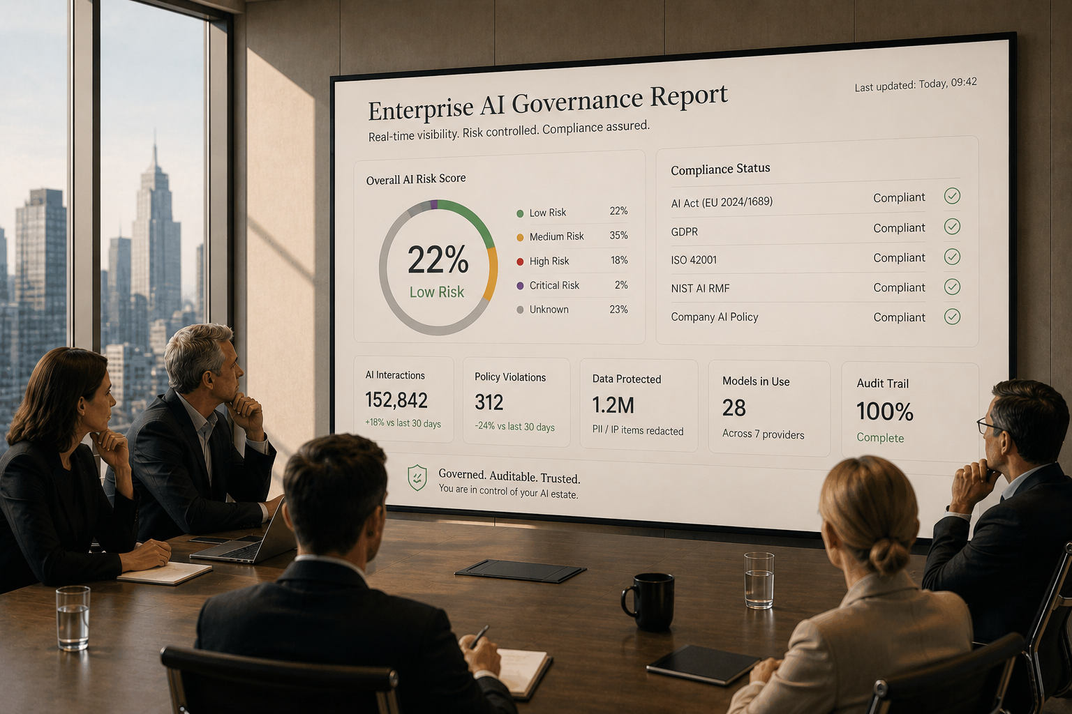 Business meeting in a conference room with five people looking at an Enterprise AI Governance Report displayed on a large screen, showing graphs, compliance status, and statistics.