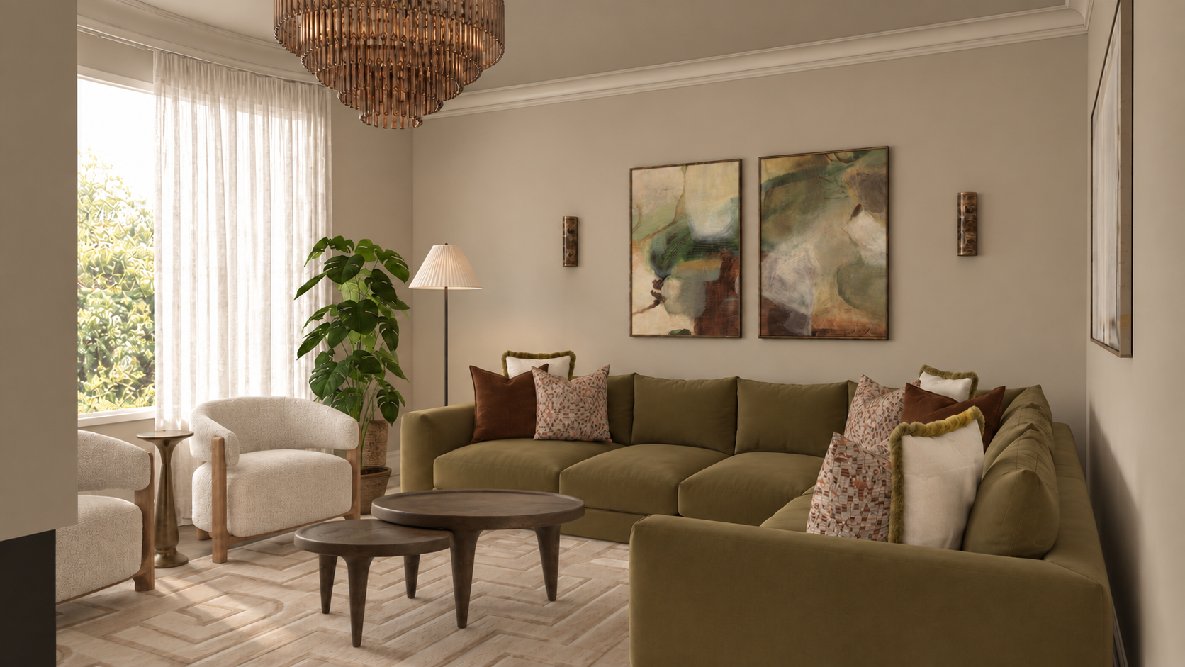 Contemporary living Room Design with L-shape sofa, coffee tables and artwork by Katie Tamsin Interiors, Sheffield