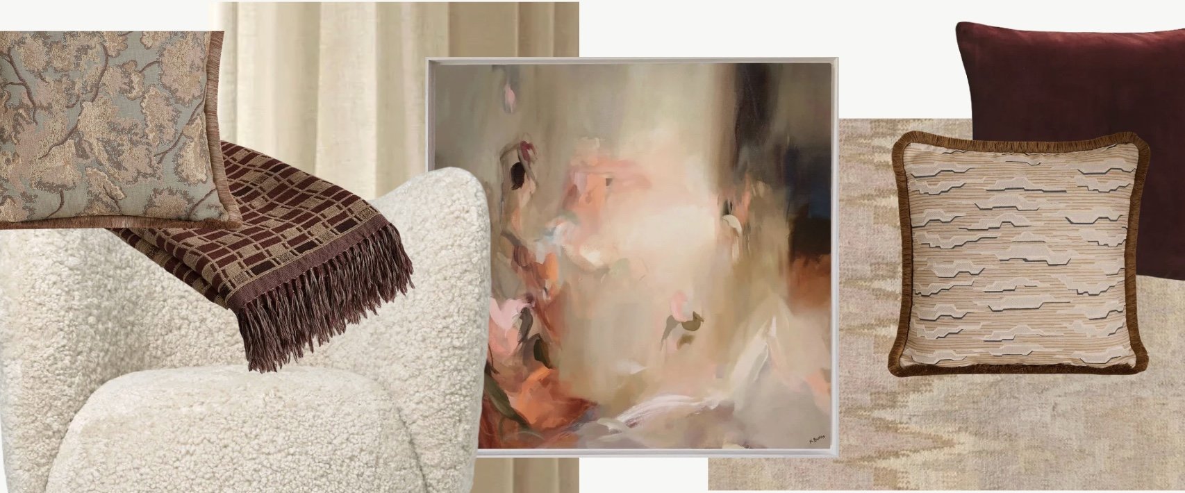 Layered, textural bedroom details with cushions art, curtains, rugs and soft materials