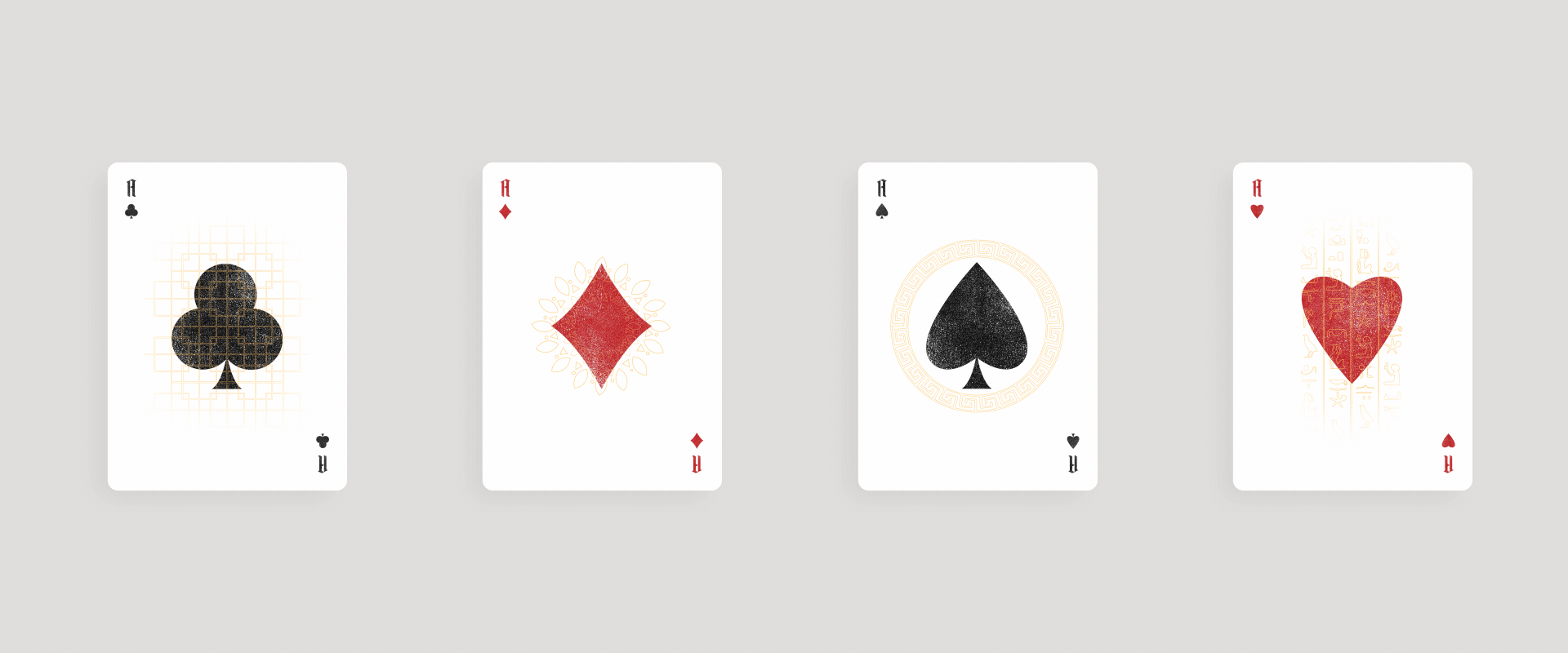 Four playing cards laid out on a gray background, from left to right: Queen of clubs, Queen of diamonds, Queen of spades, Queen of hearts, each with unique graphic designs.