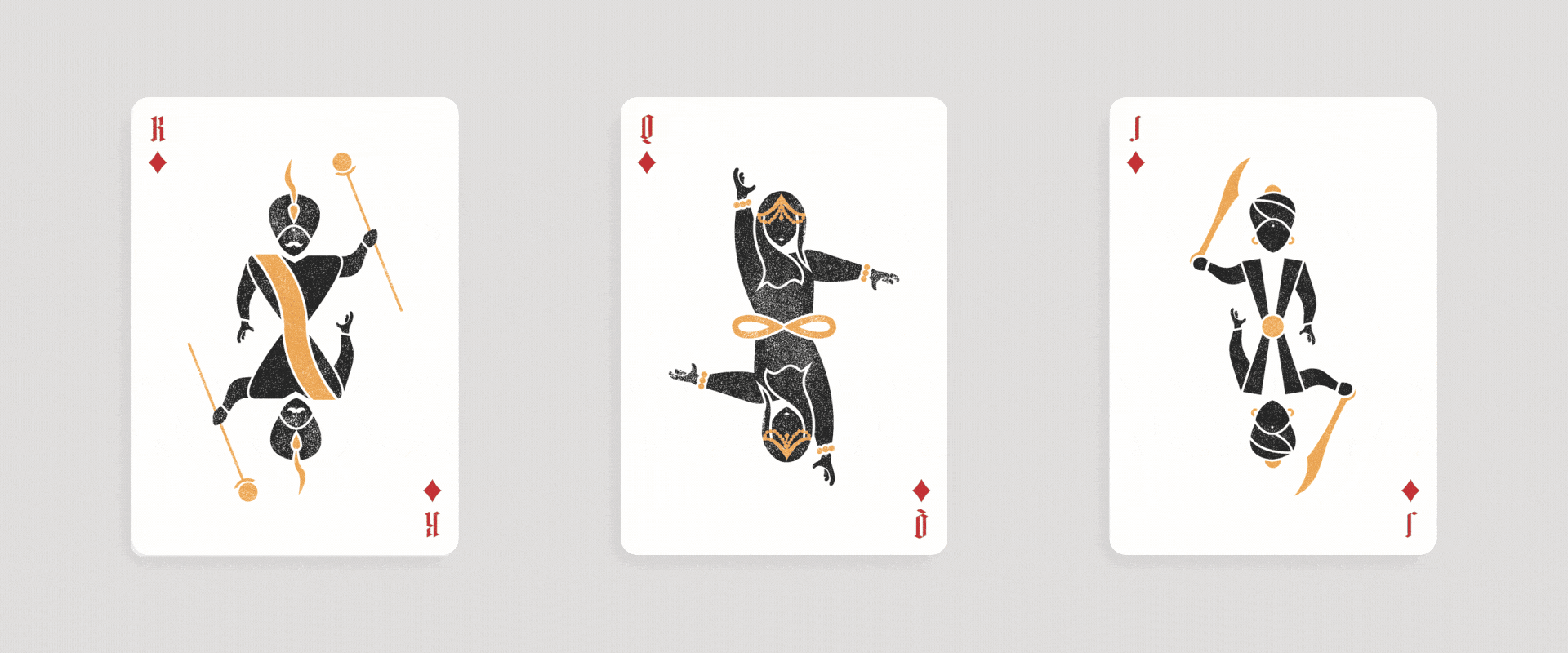 Illustration of three playing cards laid out on a gray background, featuring a king of diamonds, queen of diamonds, and jack of diamonds with artistic stylized figures in black and gold.