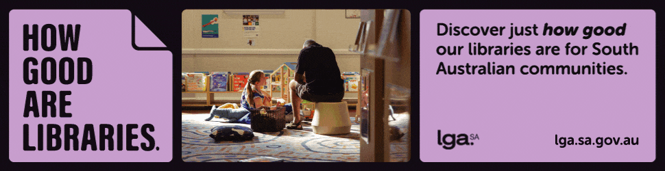 A library with a woman and a young girl sitting on the floor reading books, with bookshelves in the background. The image is part of a promotional banner about the quality of libraries in South Australian communities.
