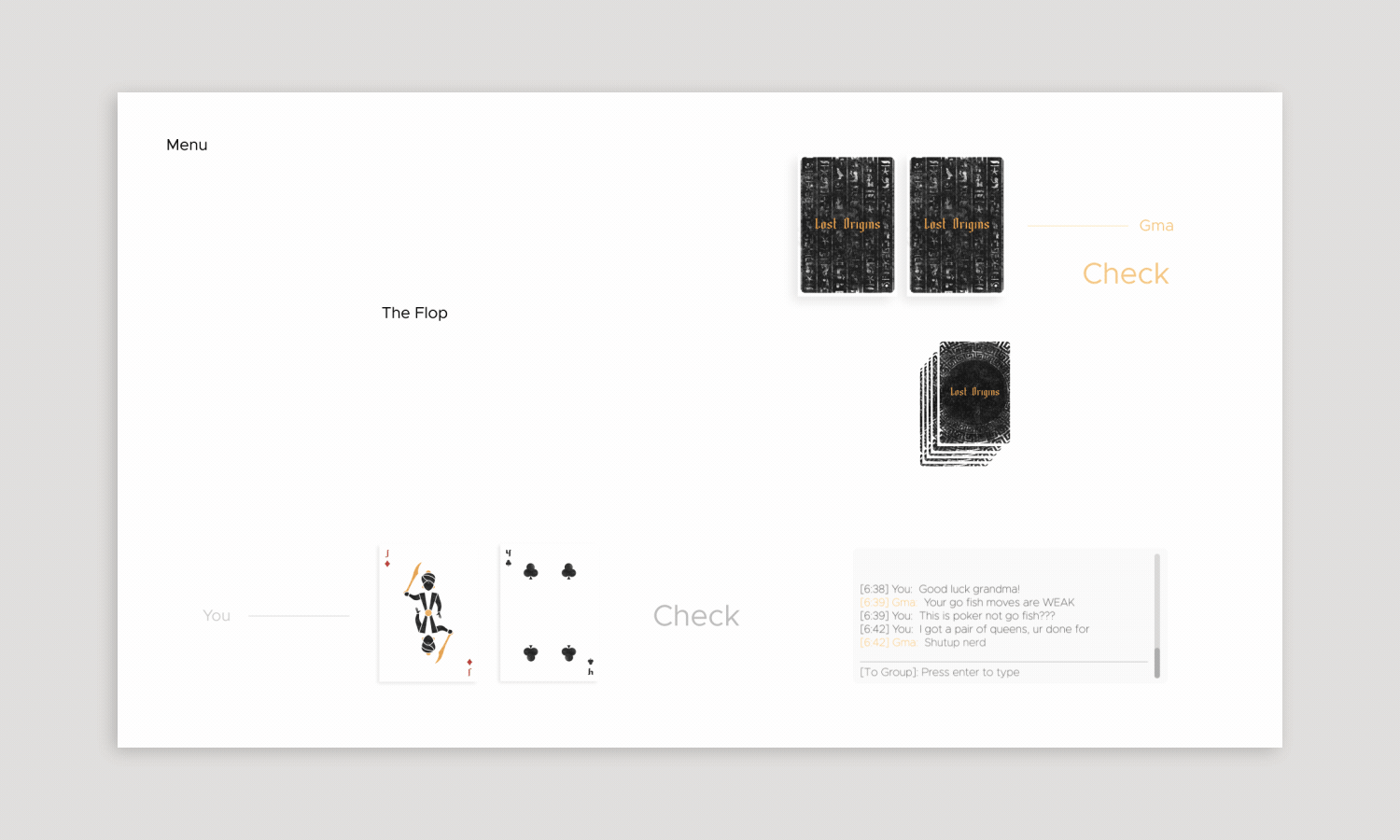 Screen showing an online poker game with black cards, text chat, and game instructions.