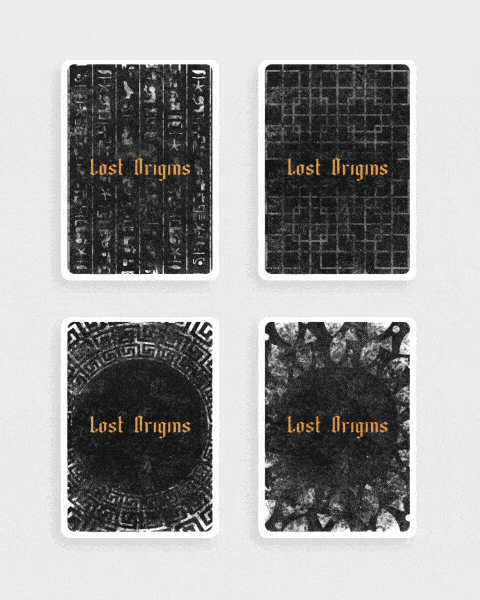 Four tarot cards with the words "Lost Origins" in orange, each card has a different black and gray intricate design.