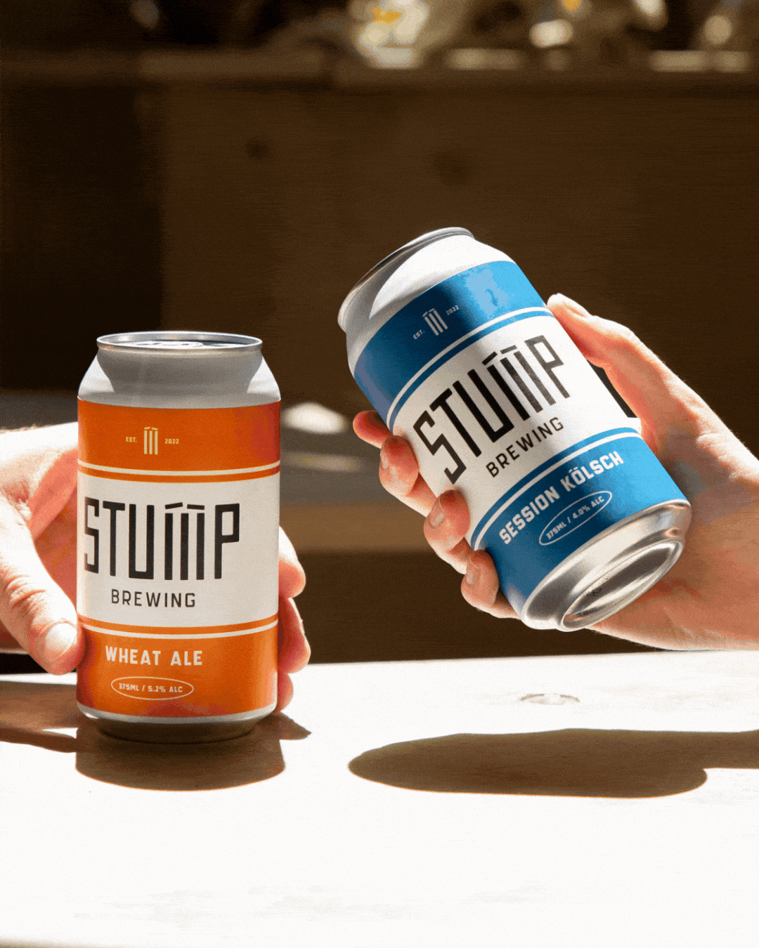 Two hands holding cans of beer from Studio Brewing, one labeled Wheat Ale and the other Session Kölsch, positioned over a light-colored surface with shadows cast by the cans.