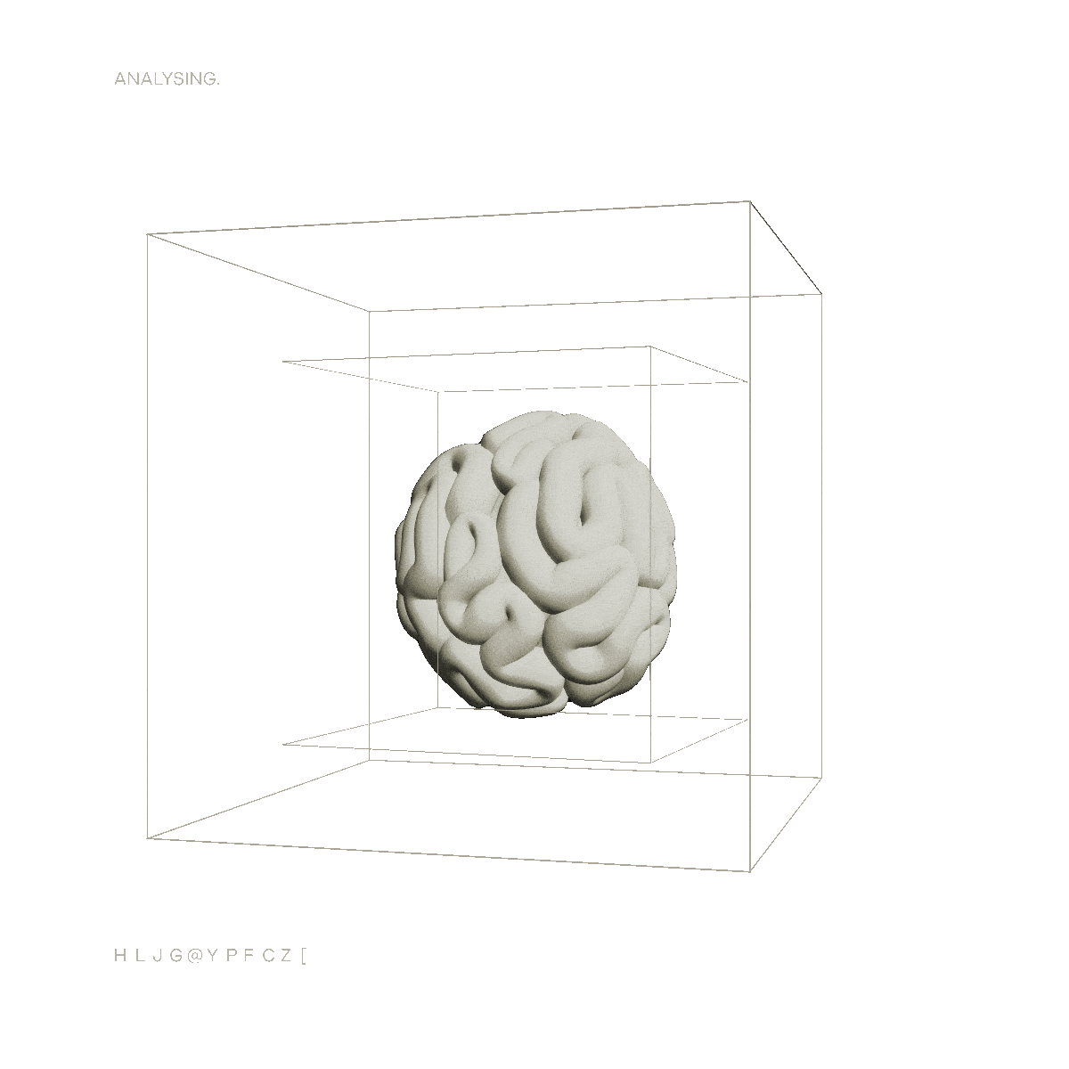 3D digital rendering of a human brain model inside a transparent box with text 'ANALYSING' in the top left corner.