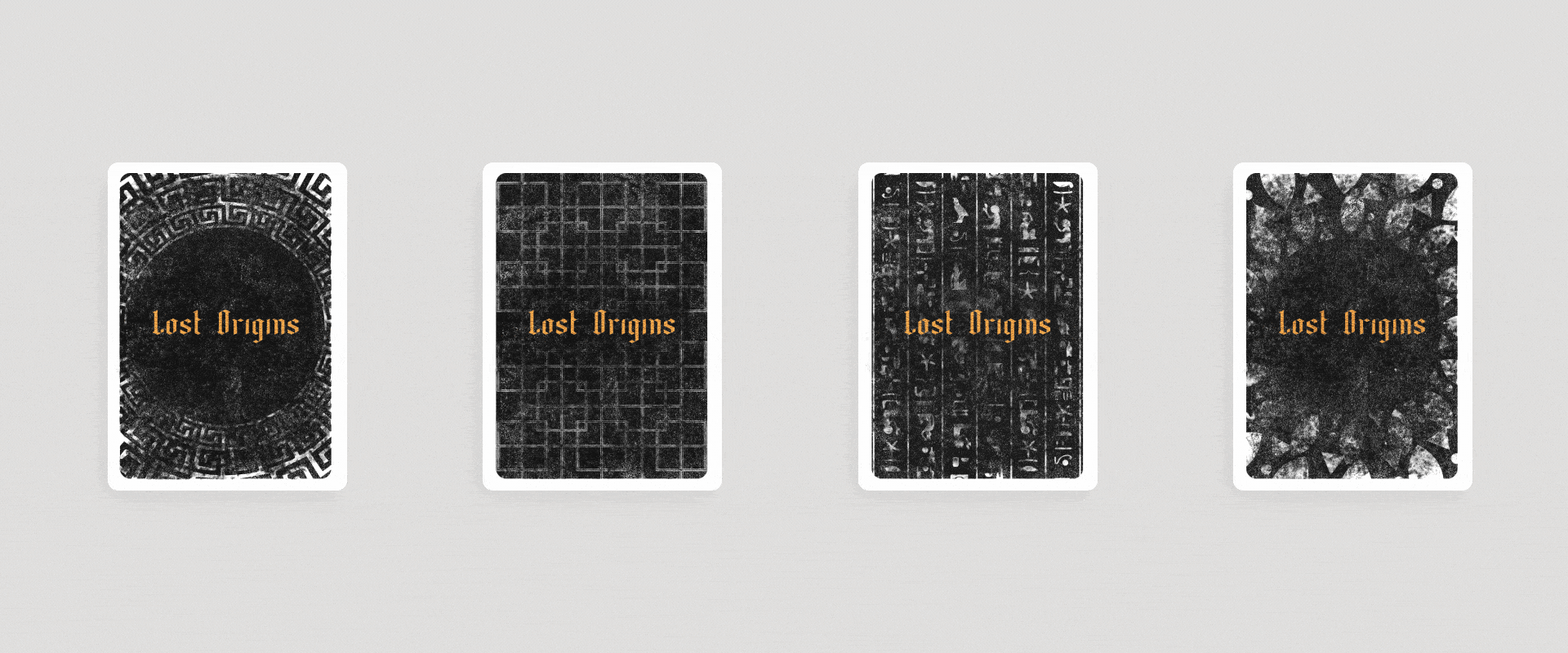 Four black and white tarot cards with the text "Lost Origins" in orange across each card, arranged in a row on a light gray background.