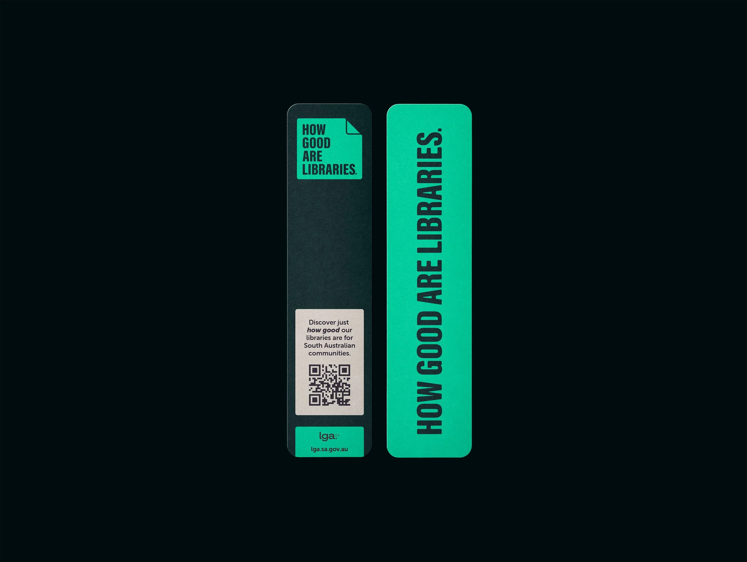 Two teal and black bookmarks with text promoting South Australian libraries against a black background.