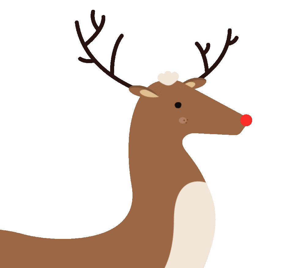 Cartoon reindeer with a red nose and antlers, facing right, against a dark background.