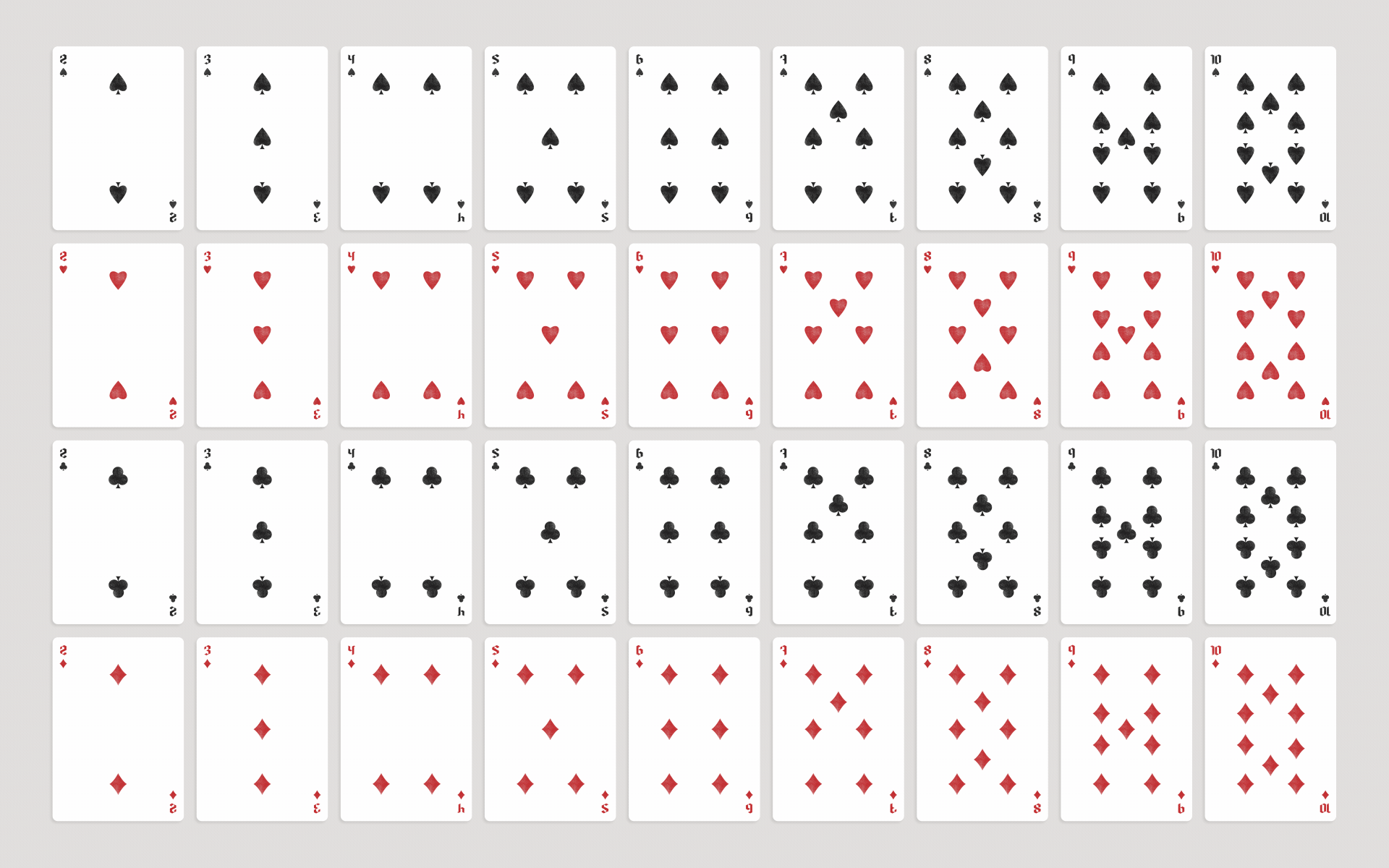 A complete deck of playing cards arranged in four rows with suits spades, hearts, clubs, and diamonds.