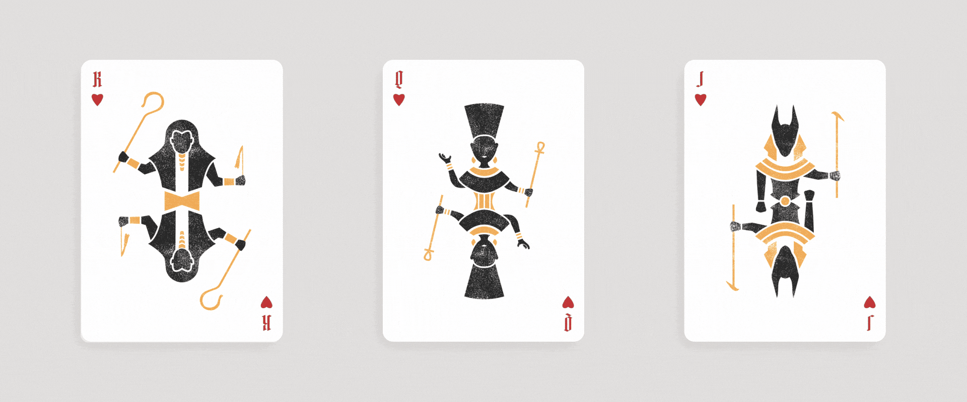 Playing cards featuring stylized illustrations of a king, queen, and jack, each holding a scepter, on a light background.