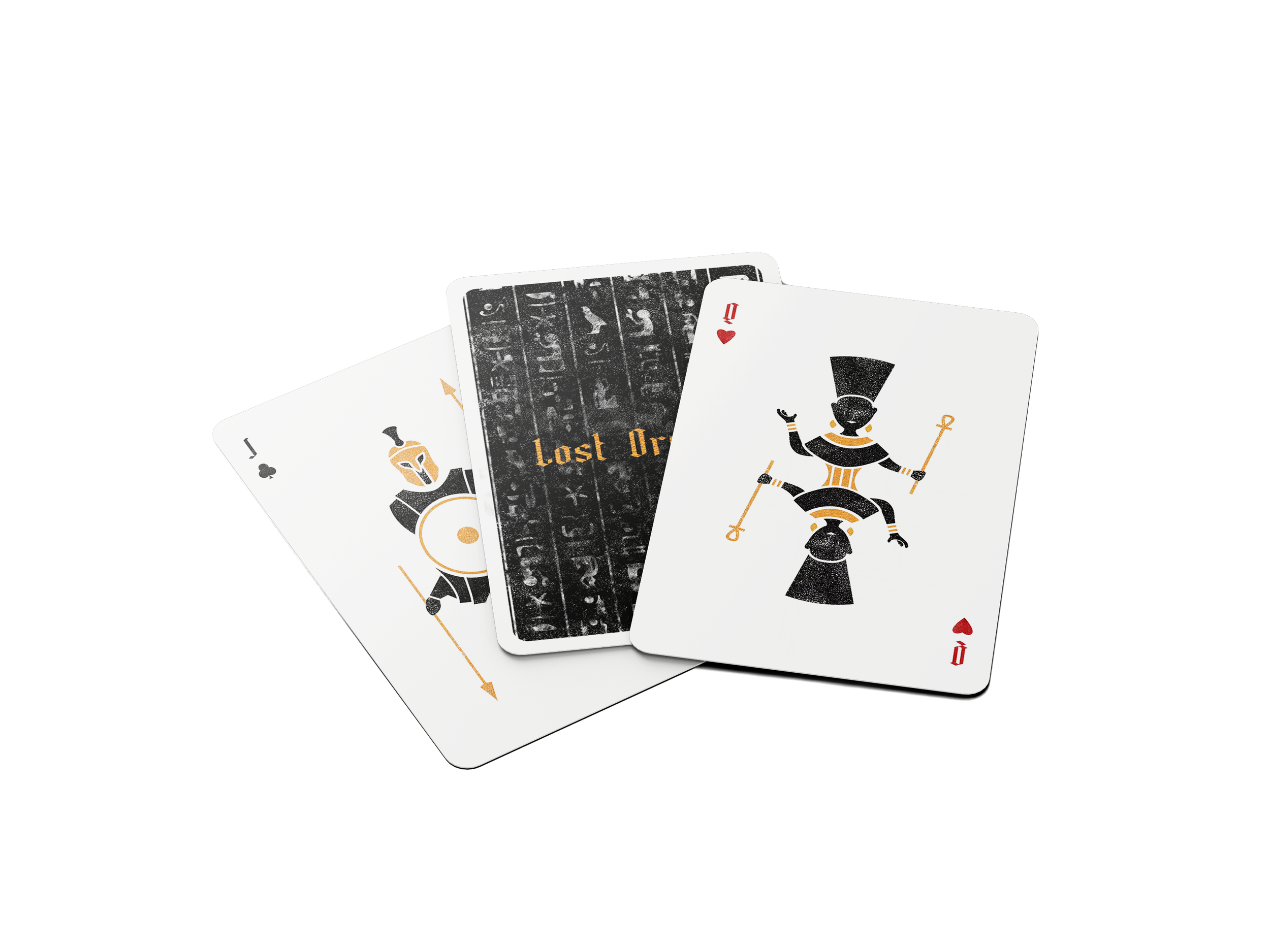 Three playing cards, the Queen of Hearts, the King of Clubs, and a card with the text "Lost Or" and a black obelisk pattern background.