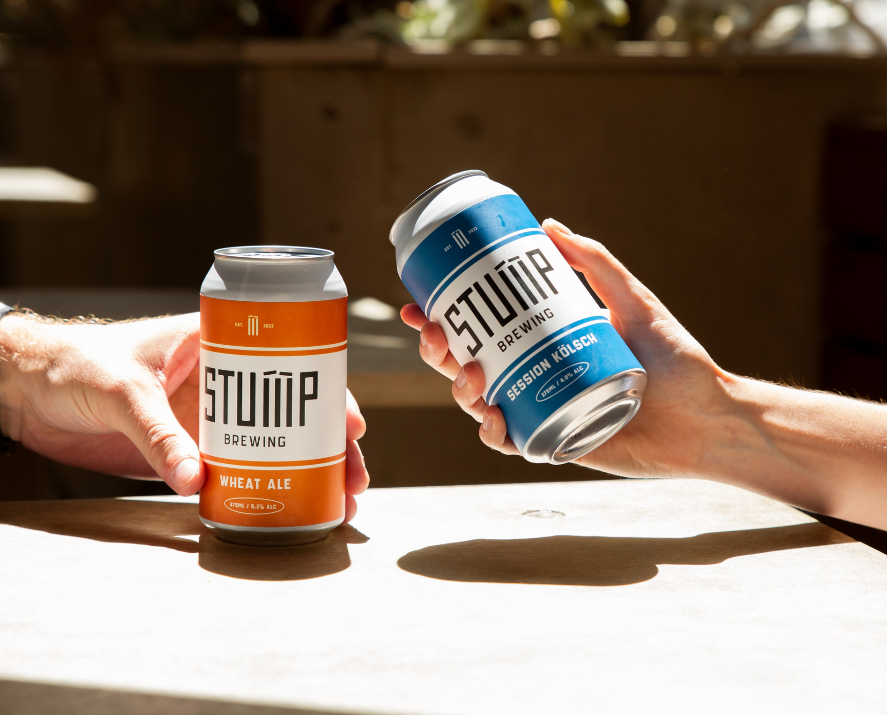 Two cans of Stüüp Brewing beer, one labeled Wheat Ale and the other Session Kölsch, are being held by hands.