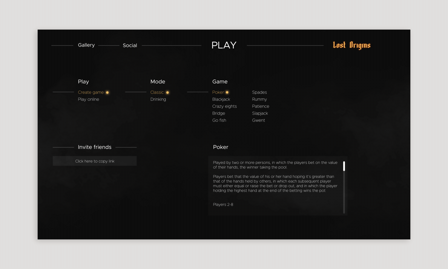 Screenshot of a dark-themed online poker game interface with options for creating a game, mode, and game type, including poker and blackjack.