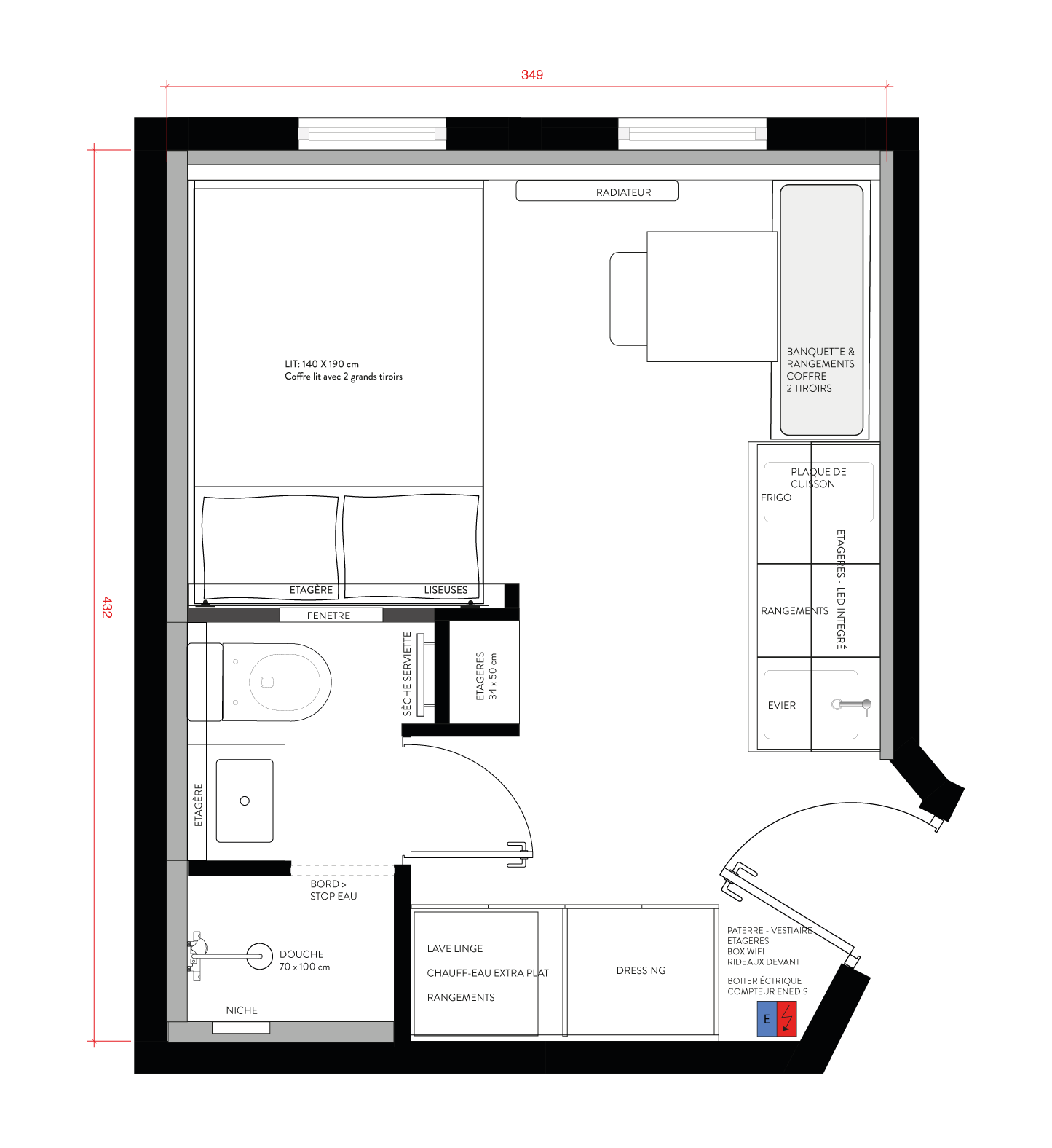 Plan d'aménagement du studio de 18 m² au sol, Paris 3e