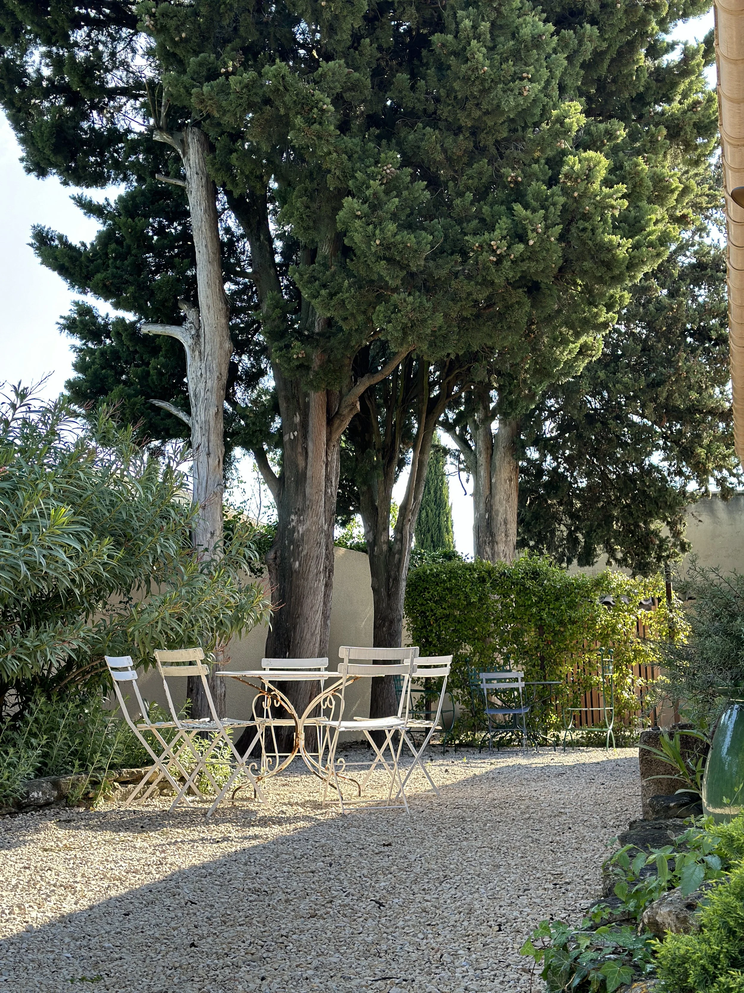 Espace repas installé au jardin, table et chaises à l'ombre des arbres