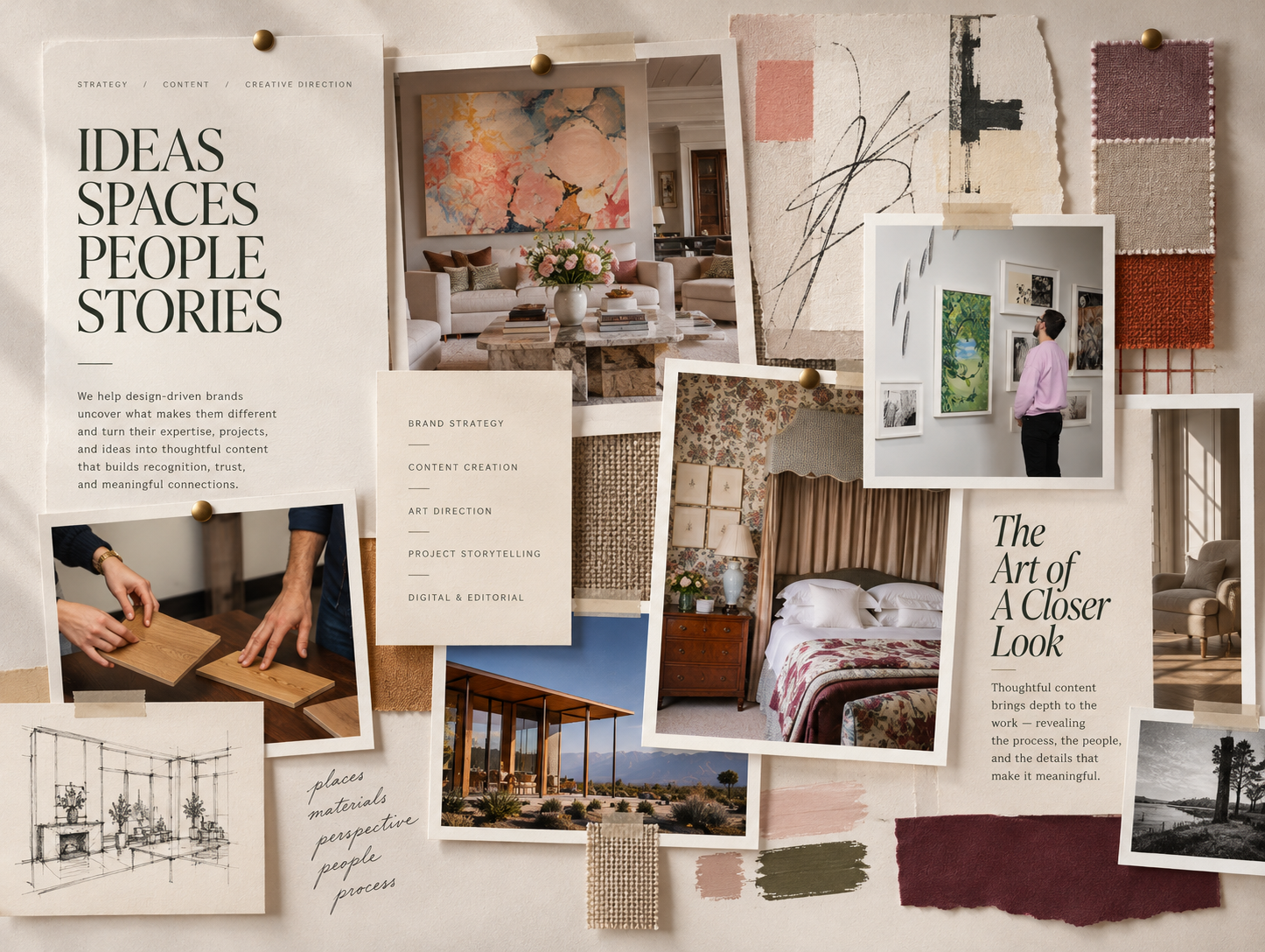 EMC Creative inspiration board featuring
          interiors, art, materials and storytelling