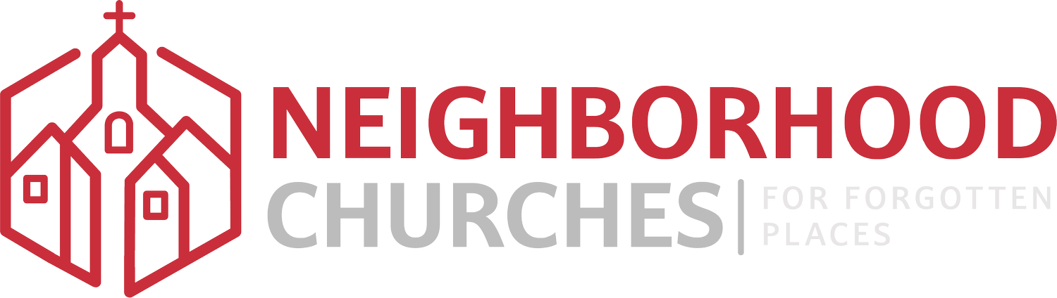 Logo for Neighborhood Churches featuring a stylized red church and text that reads 'Neighborhood Churches for Forgotten Places' in red and gray.