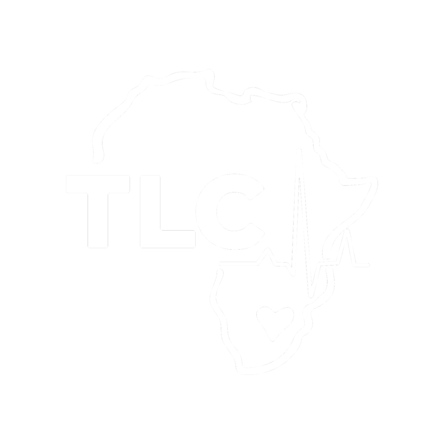 Outline of the state of Texas with a heartbeat line and a heart at the bottom, with the text "TLC" inside the outline.