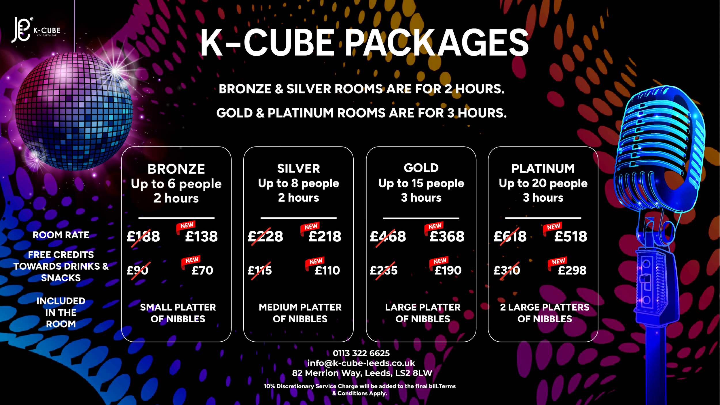 Find your perfect party at K-Cube Leeds, with private karaoke rooms in a range of sizes and Bronze, Silver, Gold and Platinum packages to suit your group and budget. Grab the mic and shine under the disco lights