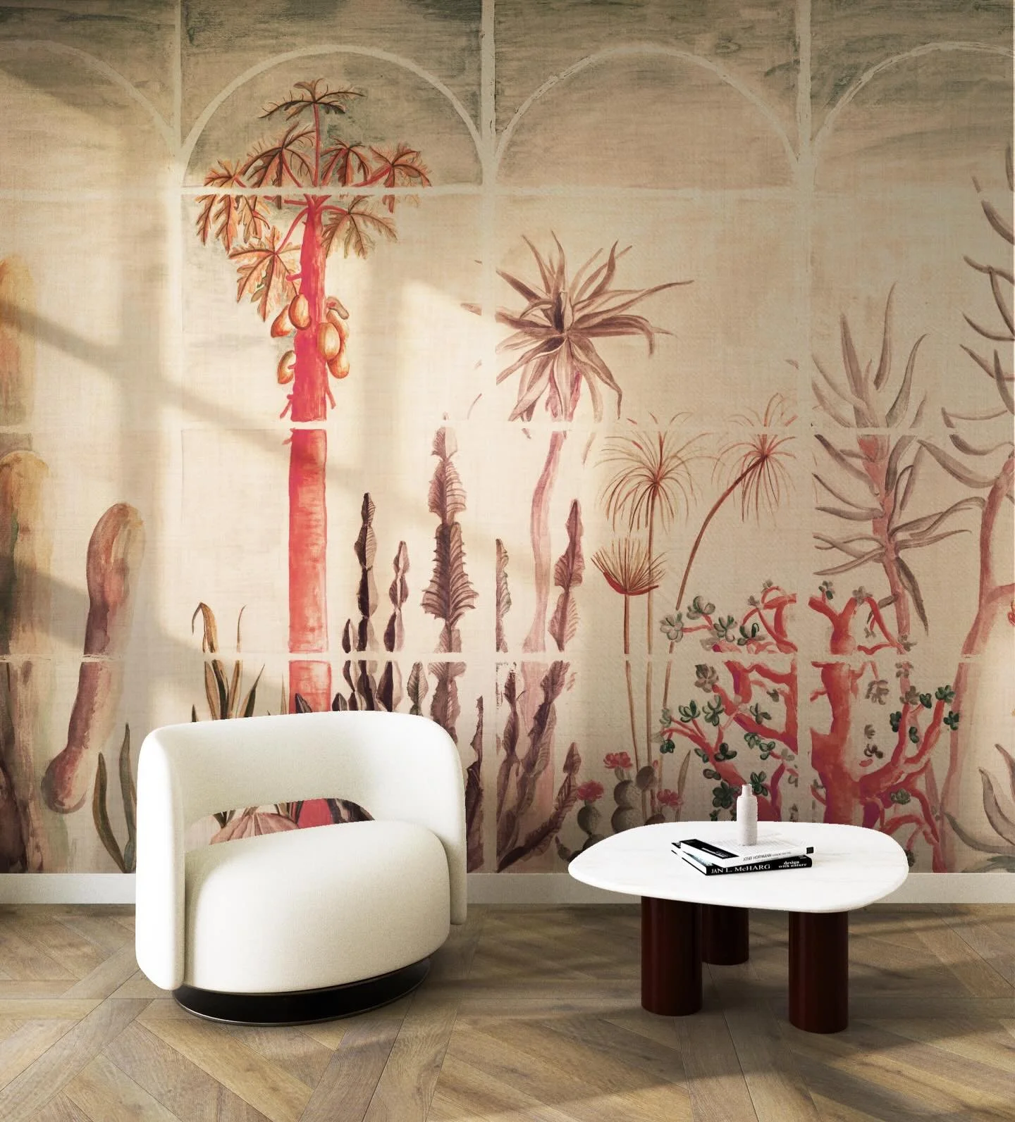 Dancing Ferns opens like a room of glass and light, a botanical serra where nature is not wild, but gently held, observed, and allowed to unfold at its own pace. Light drifts across the surface as if filtered through a canopy, touching each leaf, tra