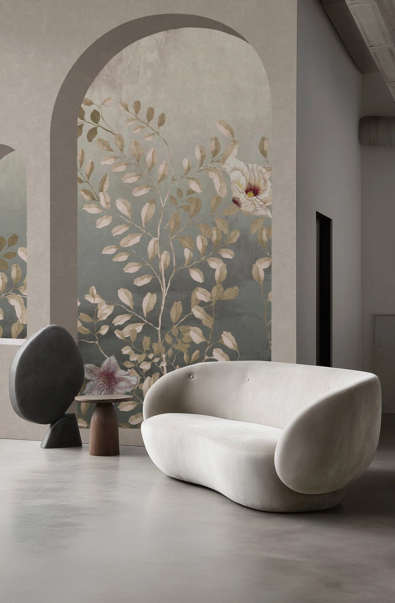 Fable is a delicate, ethereal wallpaper where arches and architectural forms in the foreground gently open onto a lush panorama of flowers and foliage. The interplay between structure and nature creates a poetic sense of perspective, evoking a timele