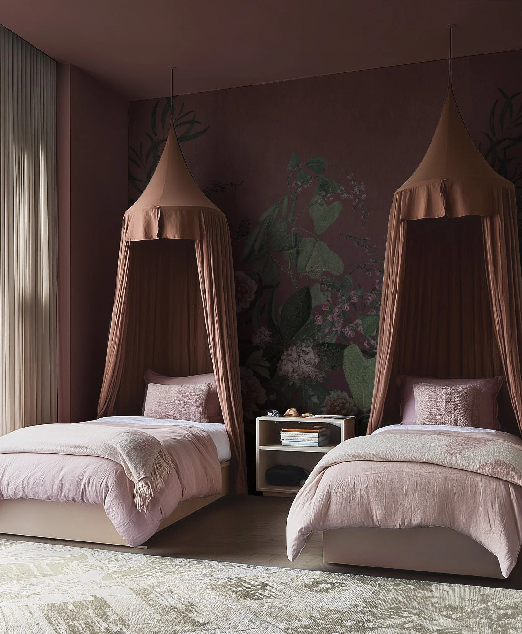 I imagined Cinder like a garden in bloom, lush, surreal, and serene. Like a summer dream, gently pressed against your walls. Cinder unfolds through muted tones and rich botanical motifs, creating a dreamlike atmosphere where natural beauty meets a su