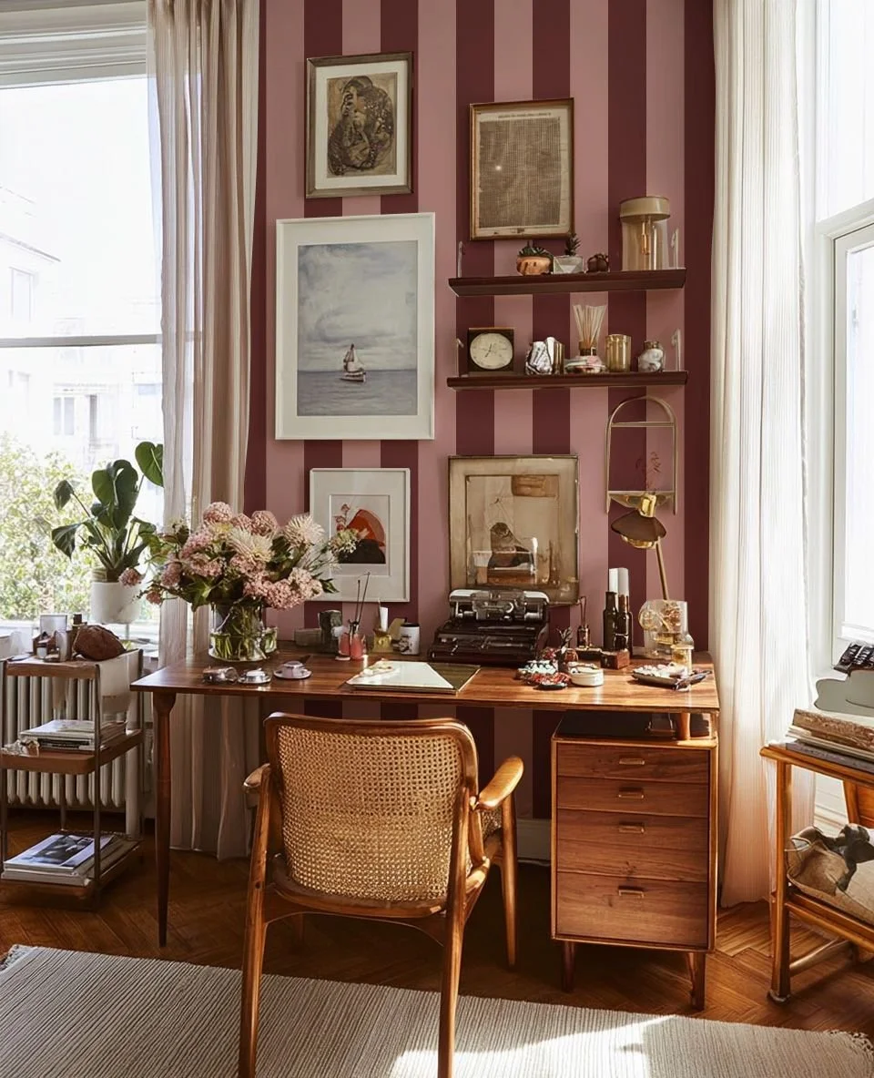 The new stripe collection by Darlingmind Studio reinterprets a timeless motif with quiet elegance.
In workspaces and private studies, vertical lines bring rhythm and structure, gently guiding the eye while creating a sense of calm order.
A backdrop d