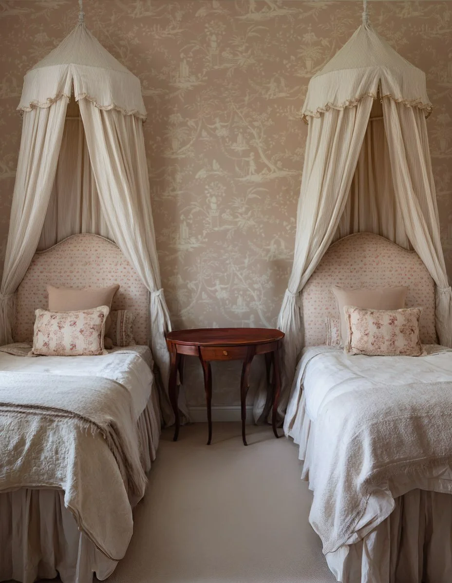 Giardino d&rsquo;Estate Toile de Jouy evokes a serene summer garden with delicate natural scenes, blending classic detail with a light, airy elegance.  #darlingmindstudio  Photo: @rominarezza  Model: @senhoradonaalina  Costume design: @nascounico