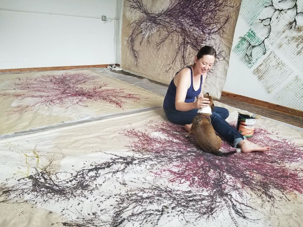 Big seaweed pulp paintings in the studio