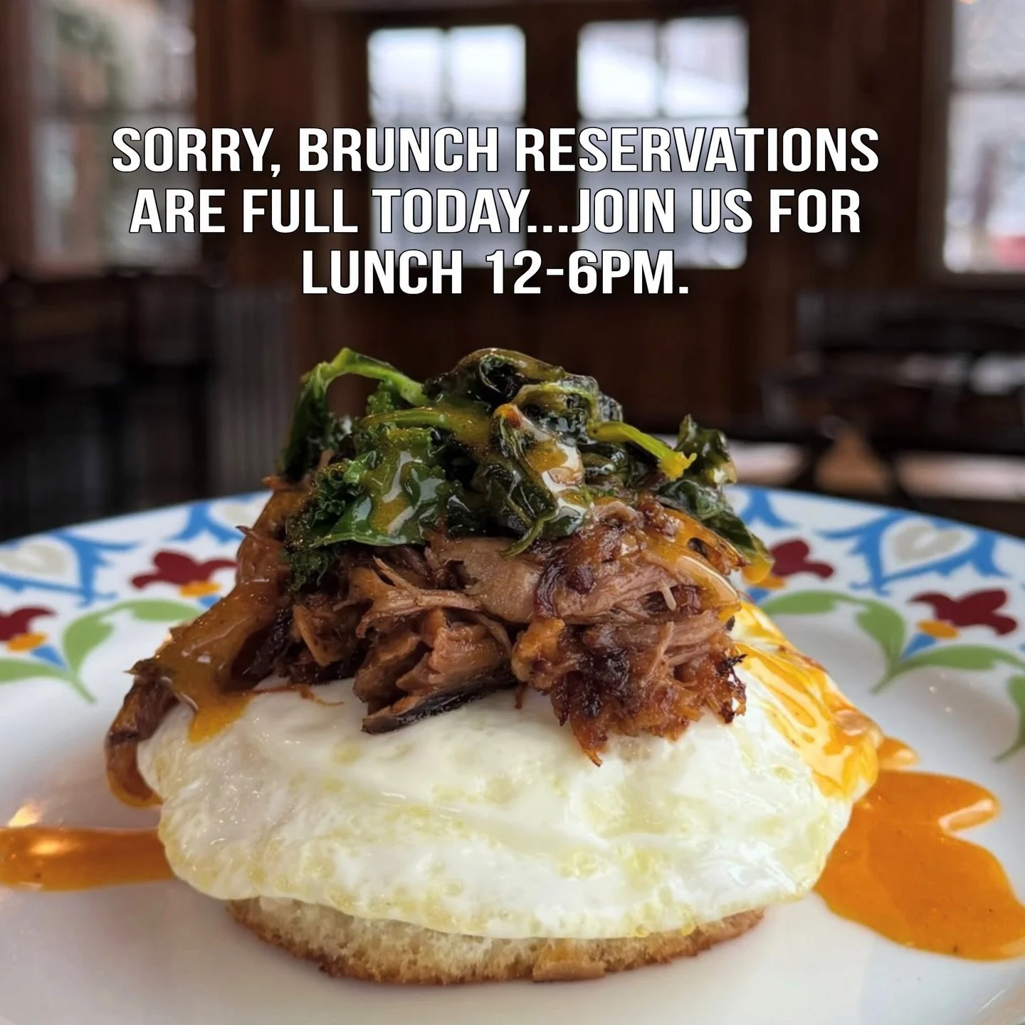 Happy Sunday! ☀️

Our brunch reservations are full today, but don&rsquo;t worry&mdash;there&rsquo;s still so much farm fun waiting for you!

We&rsquo;re open for lunch from 12&ndash;6 PM, and the afternoon gets even better with live music by Charlie&