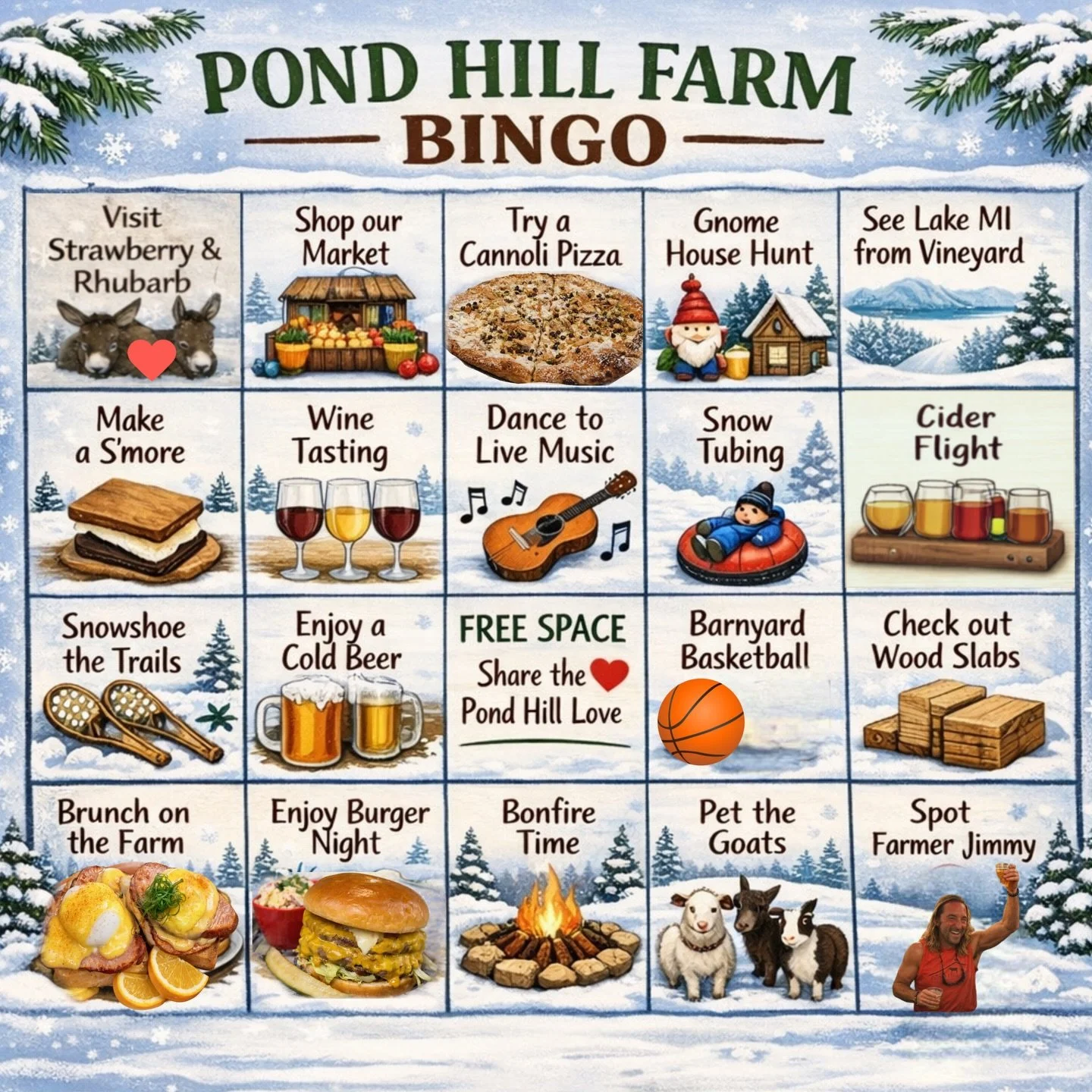 In honor of Bingo Night tonight, here&rsquo;s a fun Pond Hill Bingo Card for you to play along just for fun!! 

Join us tonight for Bingo from 6&ndash;8pm. Hosted by Karissa with DJ Emma on tunes! Bingo is free to play, fun for all ages and you can j