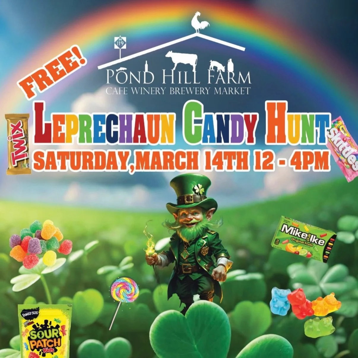 Get ready for a magical and mischievous weekend on the farm! The leprechauns have taken over Pond Hill Farm and they&rsquo;ve been busy filling our gnome houses with candy for our FREE Leprechaun Candy Hunt!

Join us Saturday, March 14th from 12&ndas