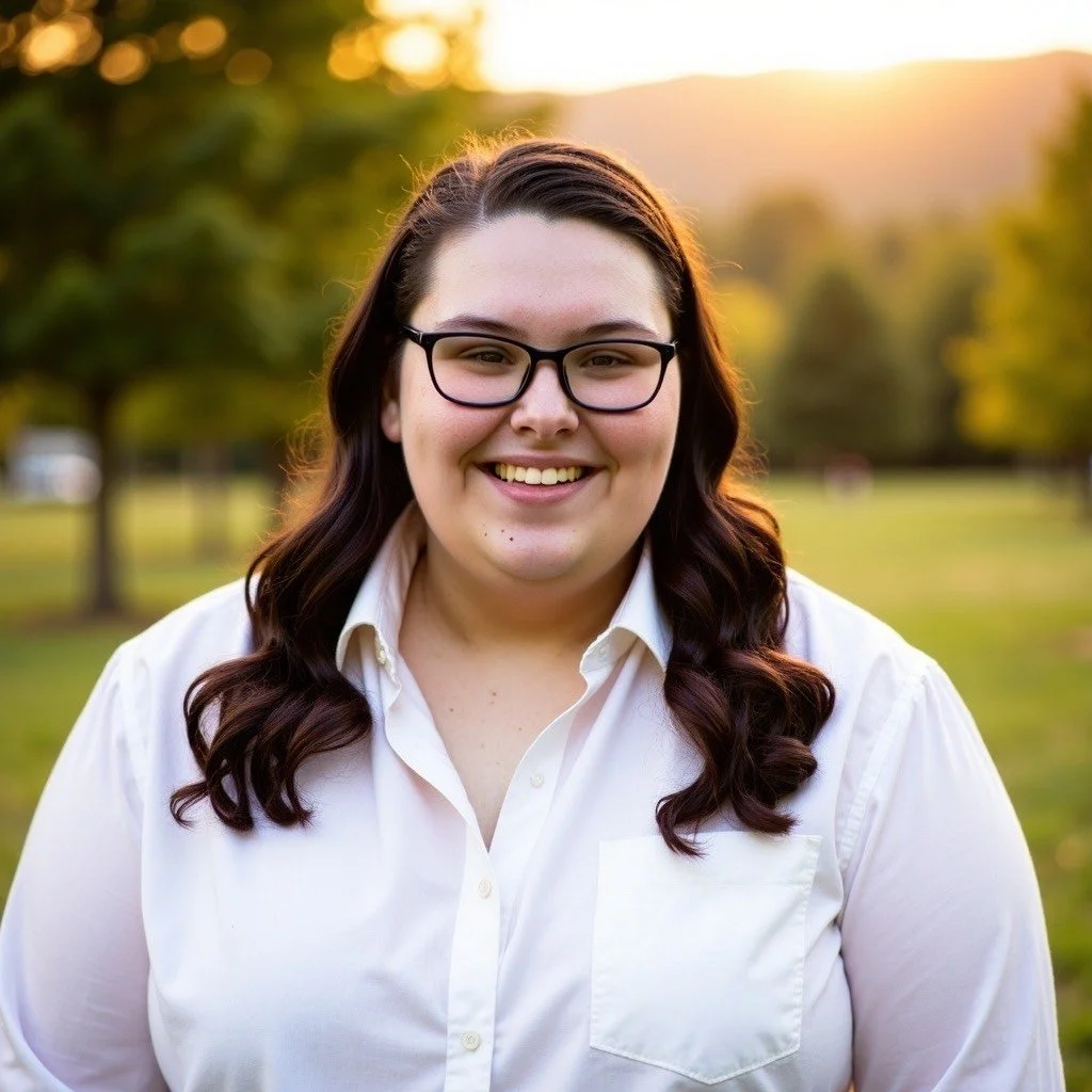 Kenzie Hoffmann Headshot. Brunette wearing glasses and a white button up shirt