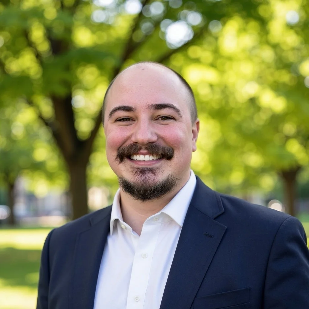 Smiling man in blazer standing outside
