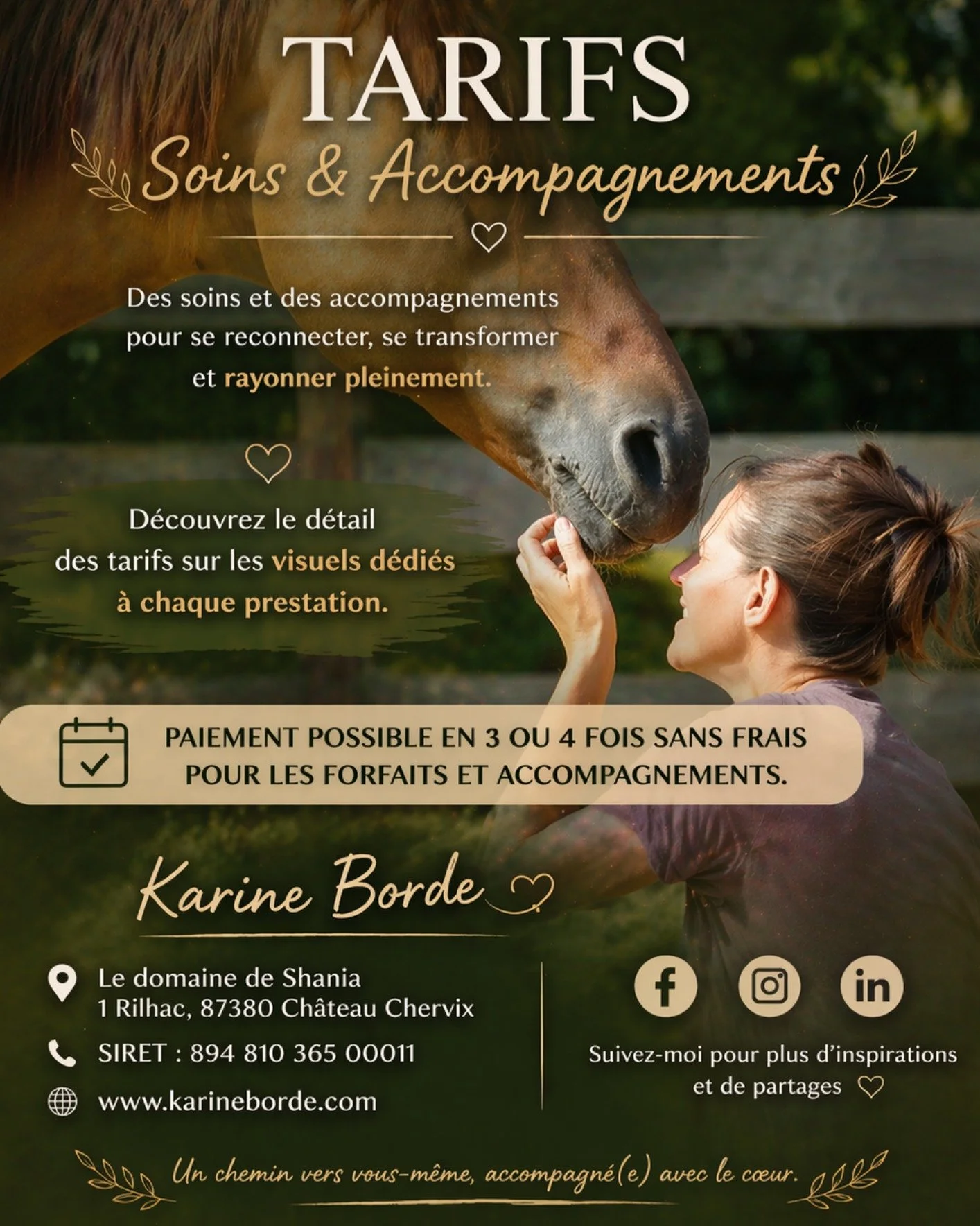 ✨Suite &agrave; de nombreuses demandes, je prends enfin le temps de vous partager mes tarifs concernant mes soins et mes accompagnements.
Vous trouverez dans les visuels ci-dessous, l'ensemble de mes prestations.
Chaque accompagnement est pens&eacute