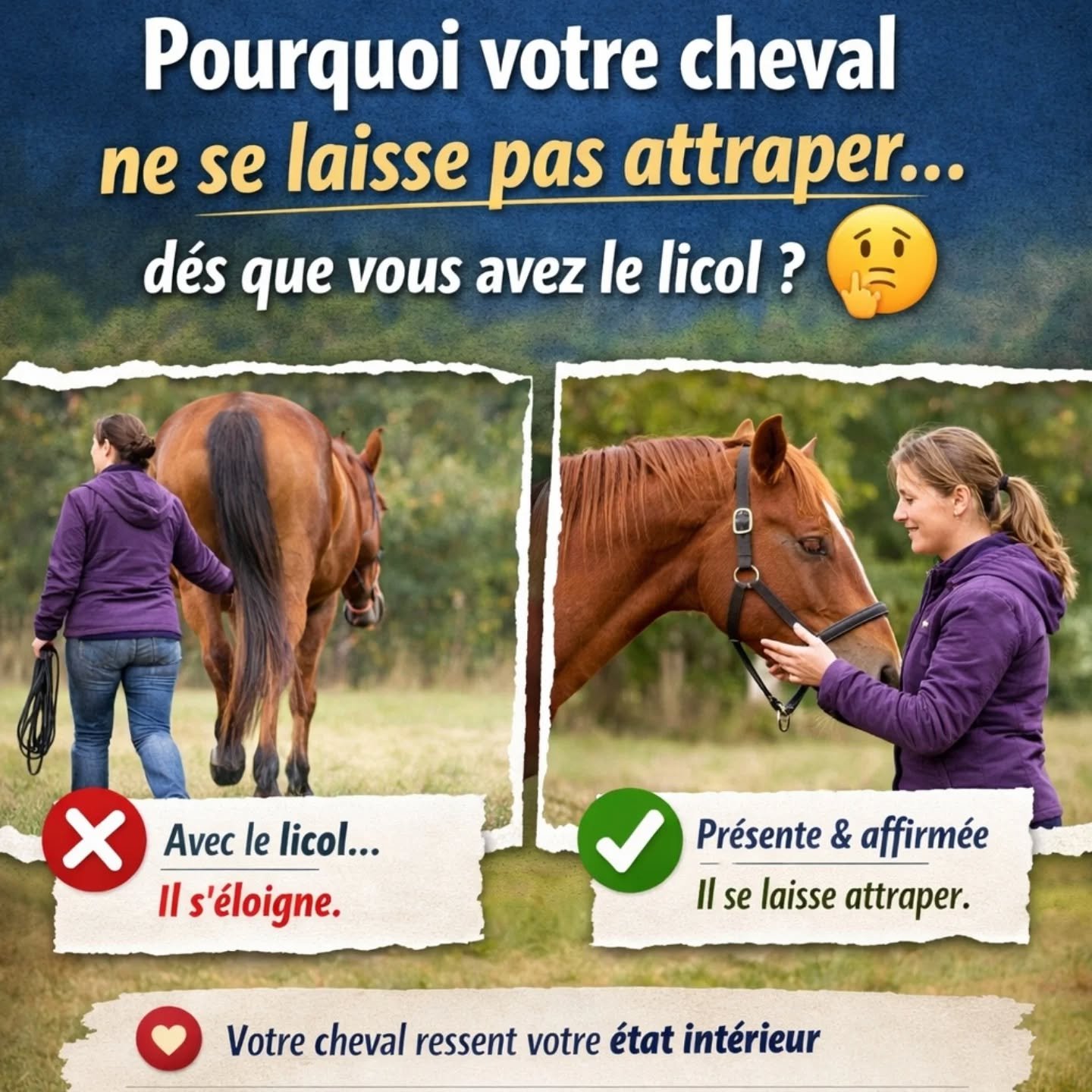 Pourquoi votre cheval ne se laisse pas attraper&hellip; d&egrave;s que vous avez le licol ? 🤔

👉 Quand on va le voir au pr&eacute; sans rien&hellip; il vient facilement.
👉 Mais d&egrave;s qu&rsquo;on arrive avec le licol&hellip; l&agrave;, il ne s
