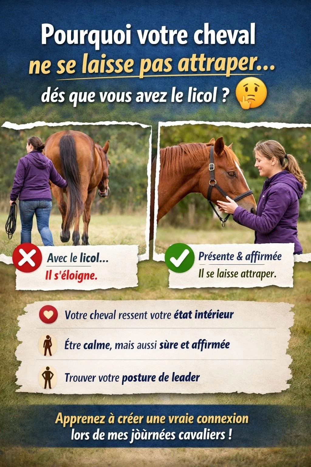 Pourquoi votre cheval ne se laisse pas attraper&hellip; d&egrave;s que vous avez le licol ? 🤔

👉 Quand on va le voir au pr&eacute; sans rien&hellip; il vient facilement.
👉 Mais d&egrave;s qu&rsquo;on arrive avec le licol&hellip; l&agrave;, il ne s