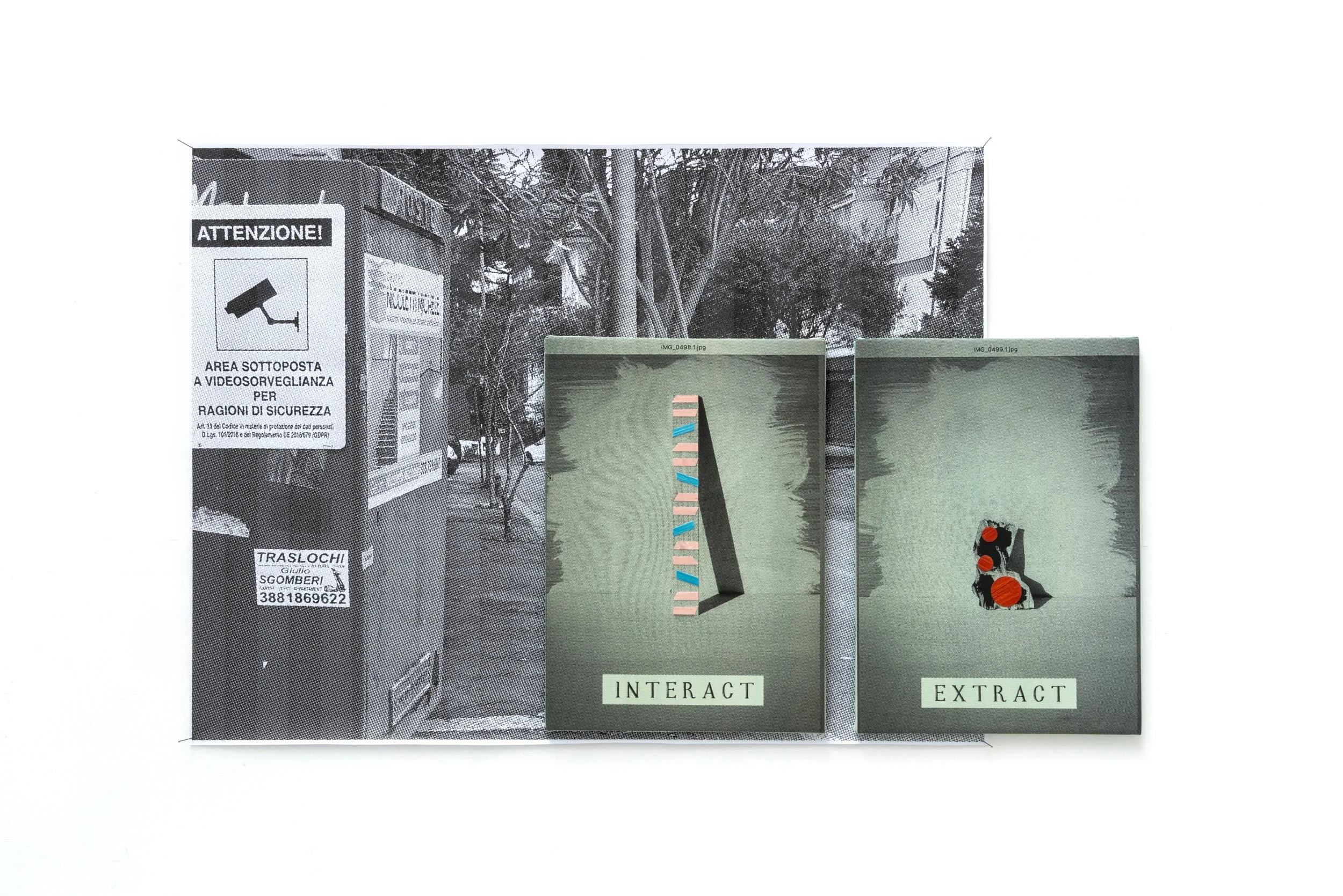 The Diverted (interact / extract) 2026. Oil, collage, & half-tone inkjet print on canvas, each 245 x 350mm, with 540 x 720mm printed poster.