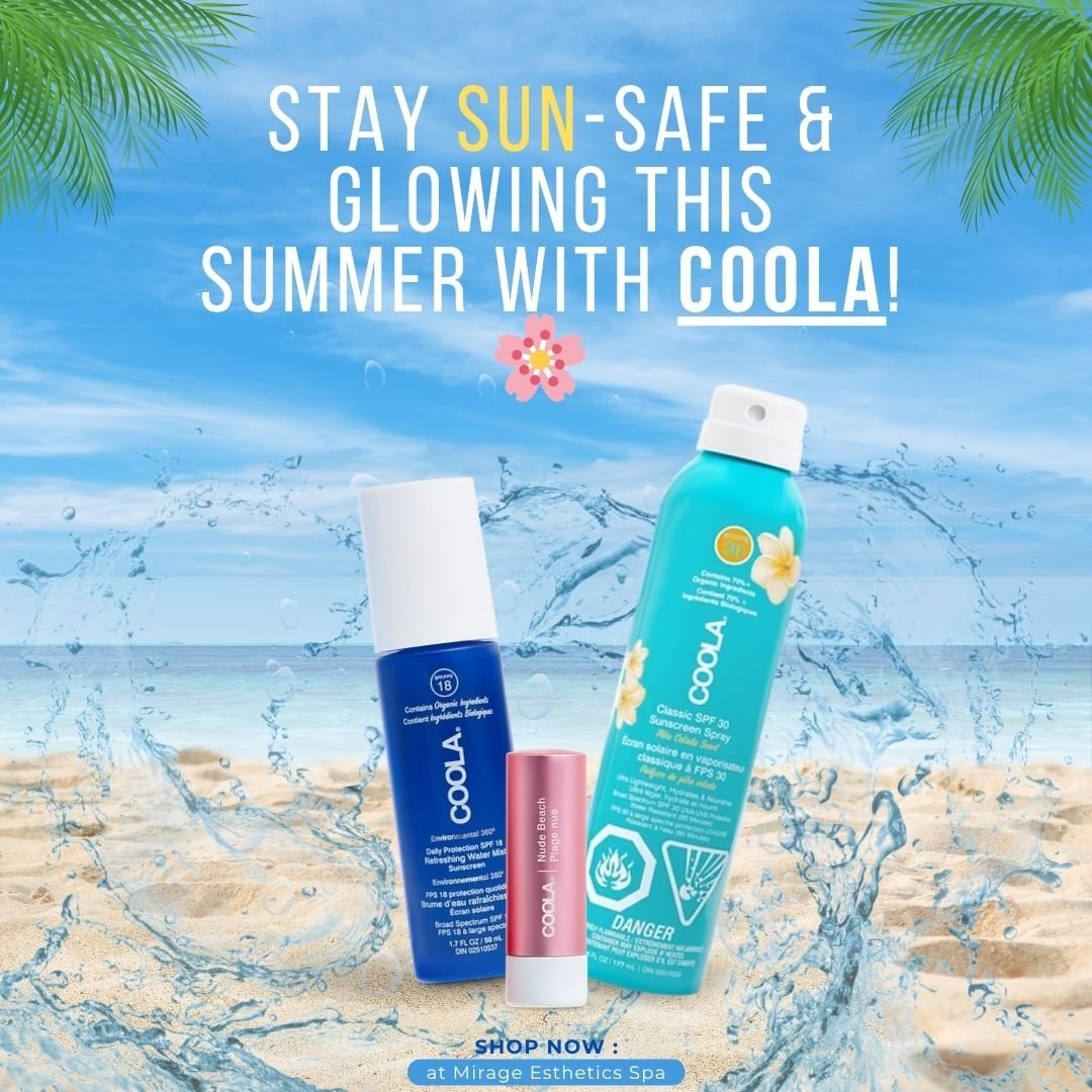 ☀️ Stay sun-safe and radiant all summer long with COOLA! 🌴✨
From hydrating SPF mists to nourishing lip protection, COOLA keeps your skin glowing while shielding it from the sun&rsquo;s harsh rays.

💙 Available at Mirage Esthetics Spa &mdash; becaus