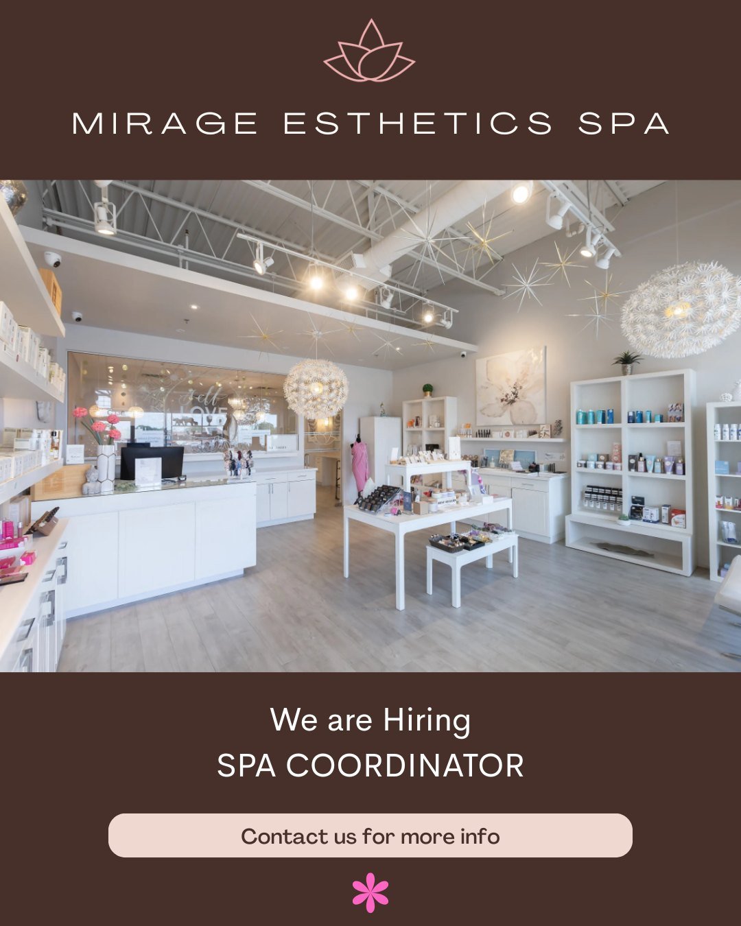 ✨ Now Hiring: Spa Coordinator ✨

Mirage Esthetics Spa is growing! We are looking for an organized, warm, and detail-oriented Spa Coordinator to be the welcoming face of our front desk and the heartbeat of our daily operations.

If you&rsquo;re someon