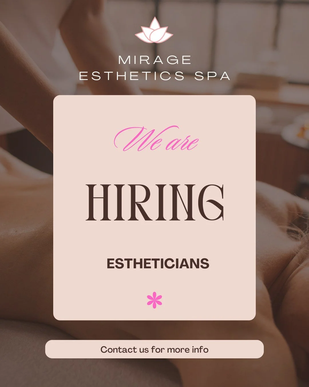 ✨ We&rsquo;re Hiring: Experienced Esthetician ✨

The Mirage team is growing, and we&rsquo;re looking for a skilled, passionate Esthetician to join our spa family.

If you&rsquo;re dedicated to delivering elevated client care, have strong hands-on tec