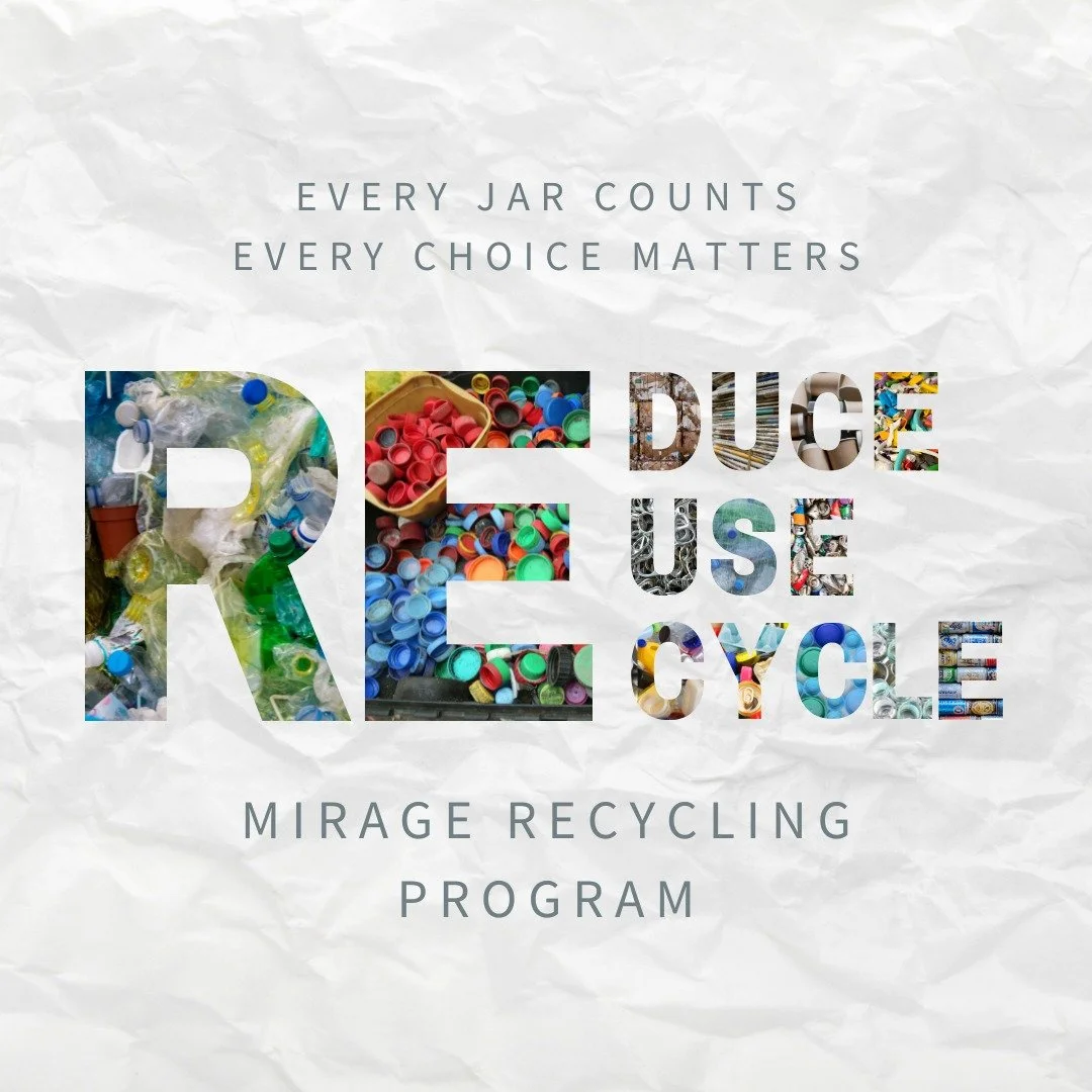 🌿 Mirage Recycling Program ♻️ Luxury with a conscience! 💚

At Mirage, sustainability is part of our self-care philosophy 🌍💚. We are committed to reducing waste by thoughtfully recycling and reusing wherever possible, from retail packaging and pro